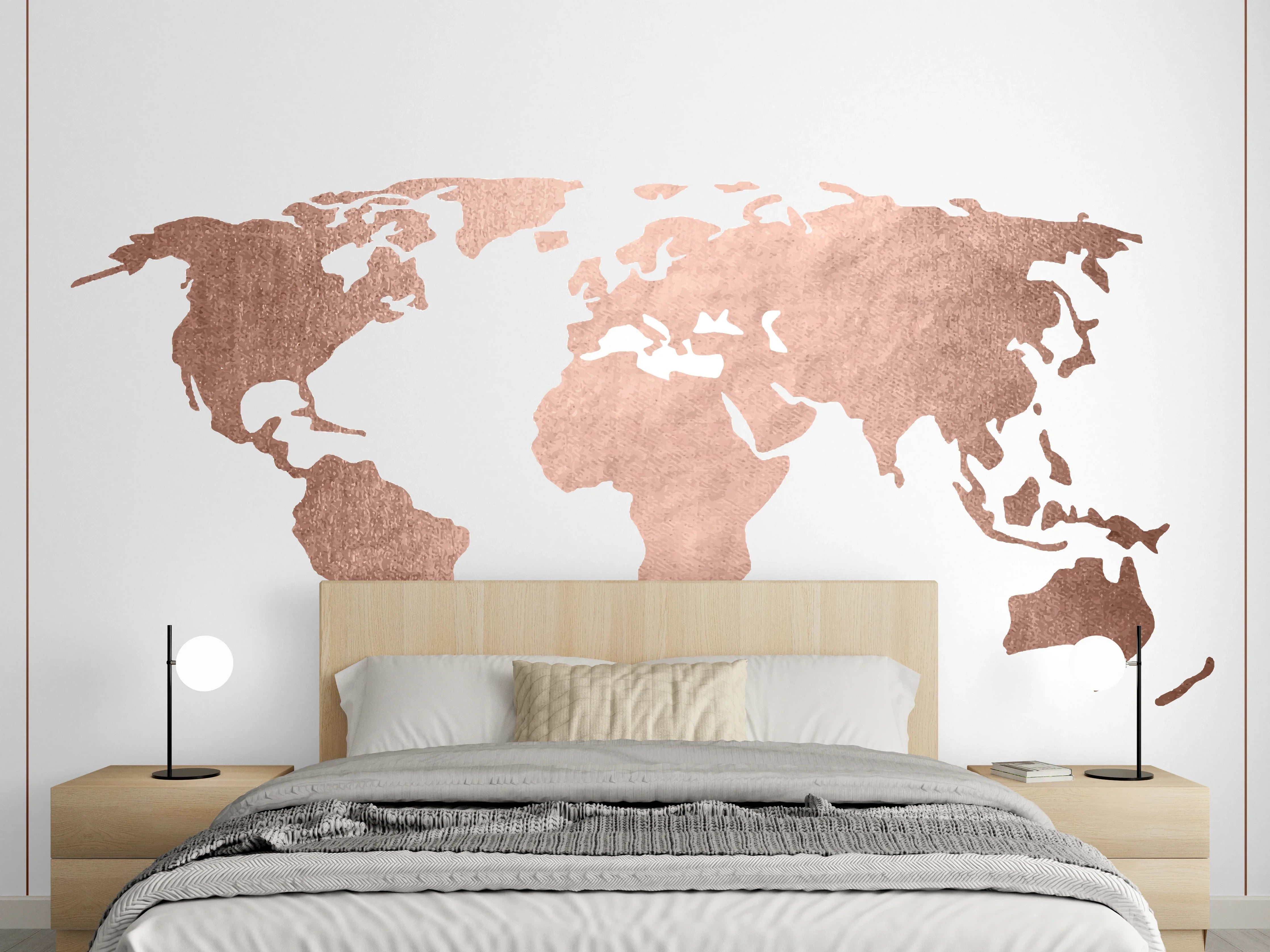 Wandverkleidung Schlafzimmer - Weltkarte in Roségold-Optik modern