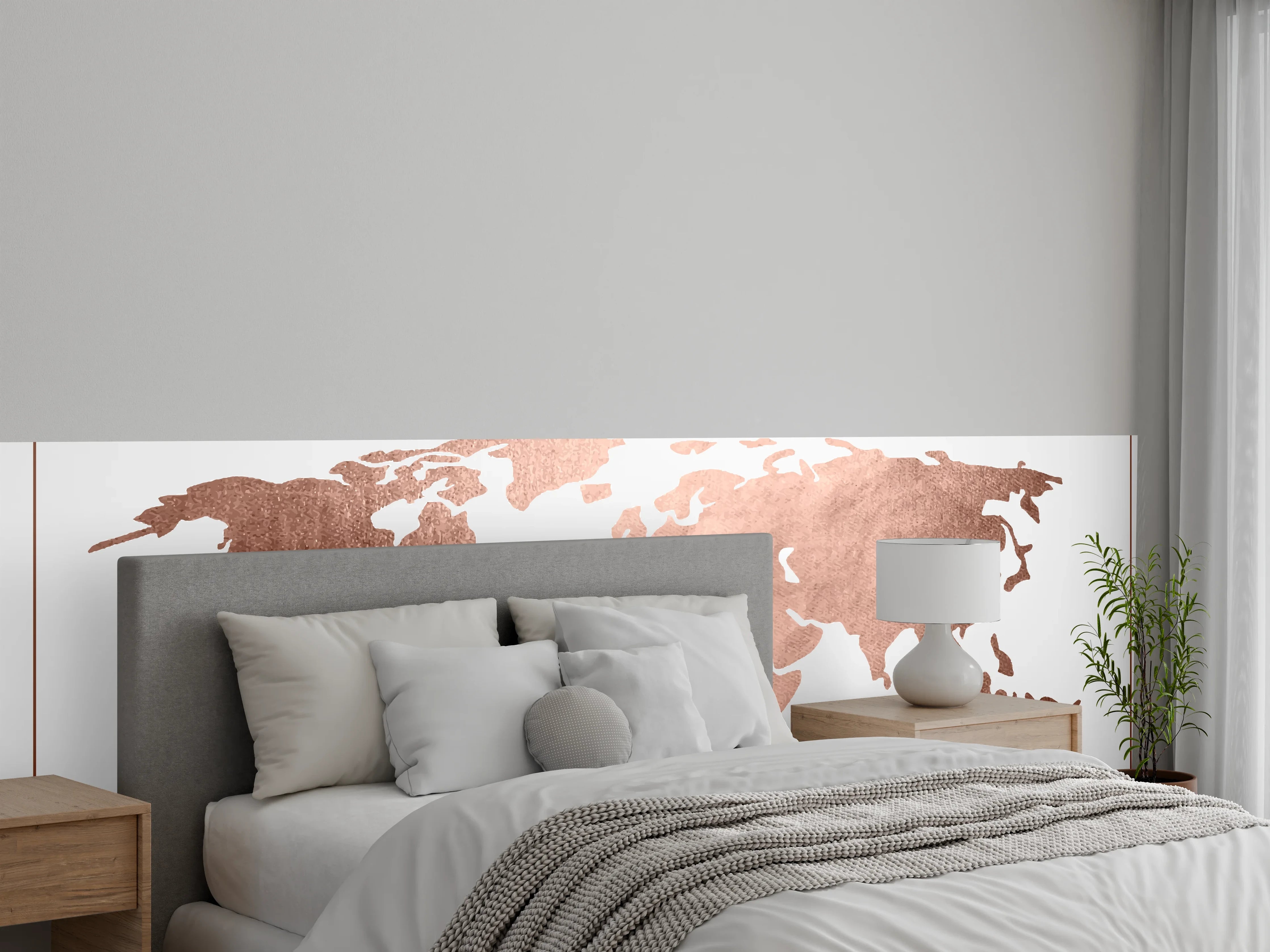 Wandverkleidung Schlafzimmer - Weltkarte in Roségold-Optik modern