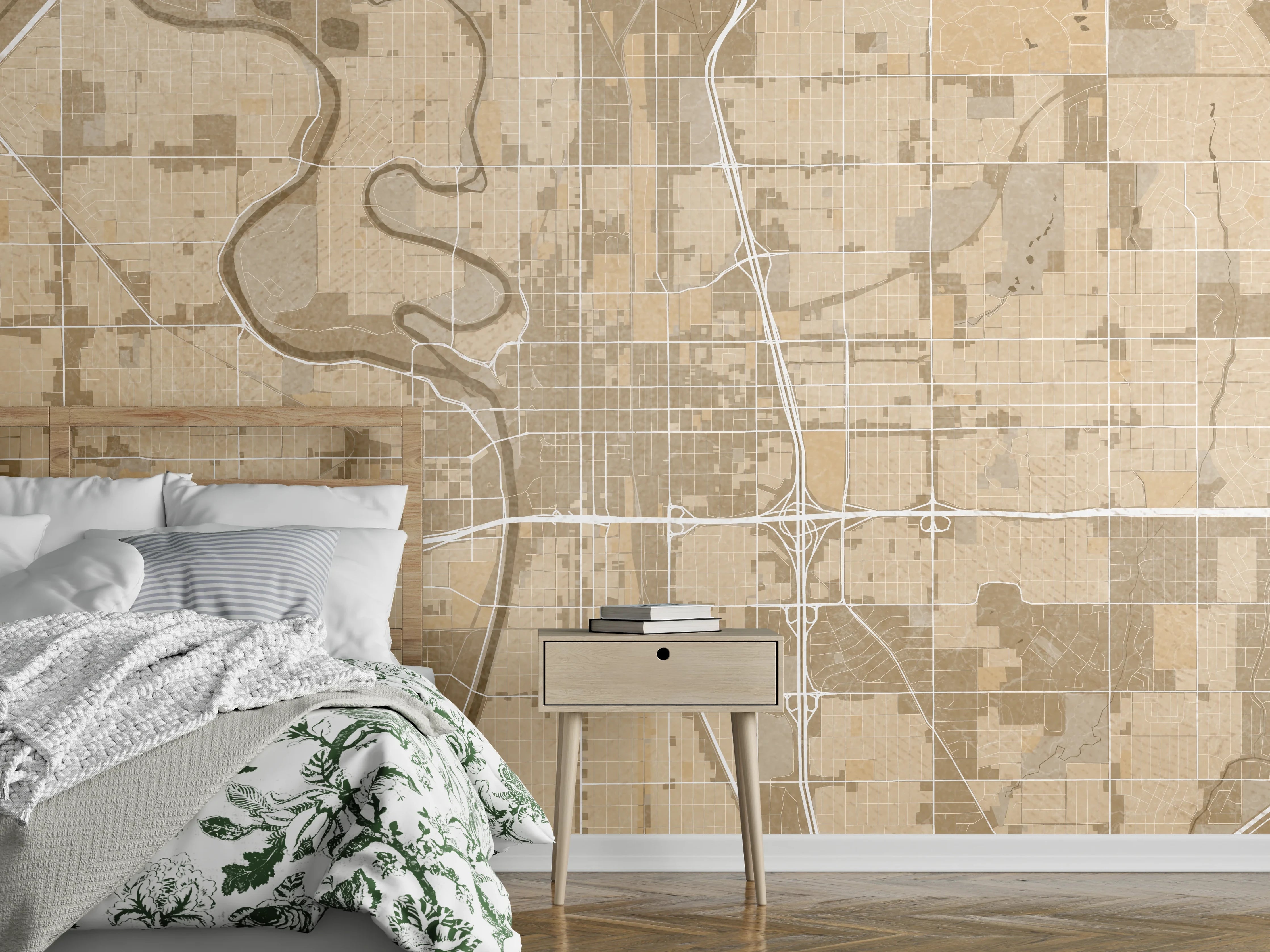 Wandverkleidung Schlafzimmer - Wichita Stadtkarte Vintage Beige Braun