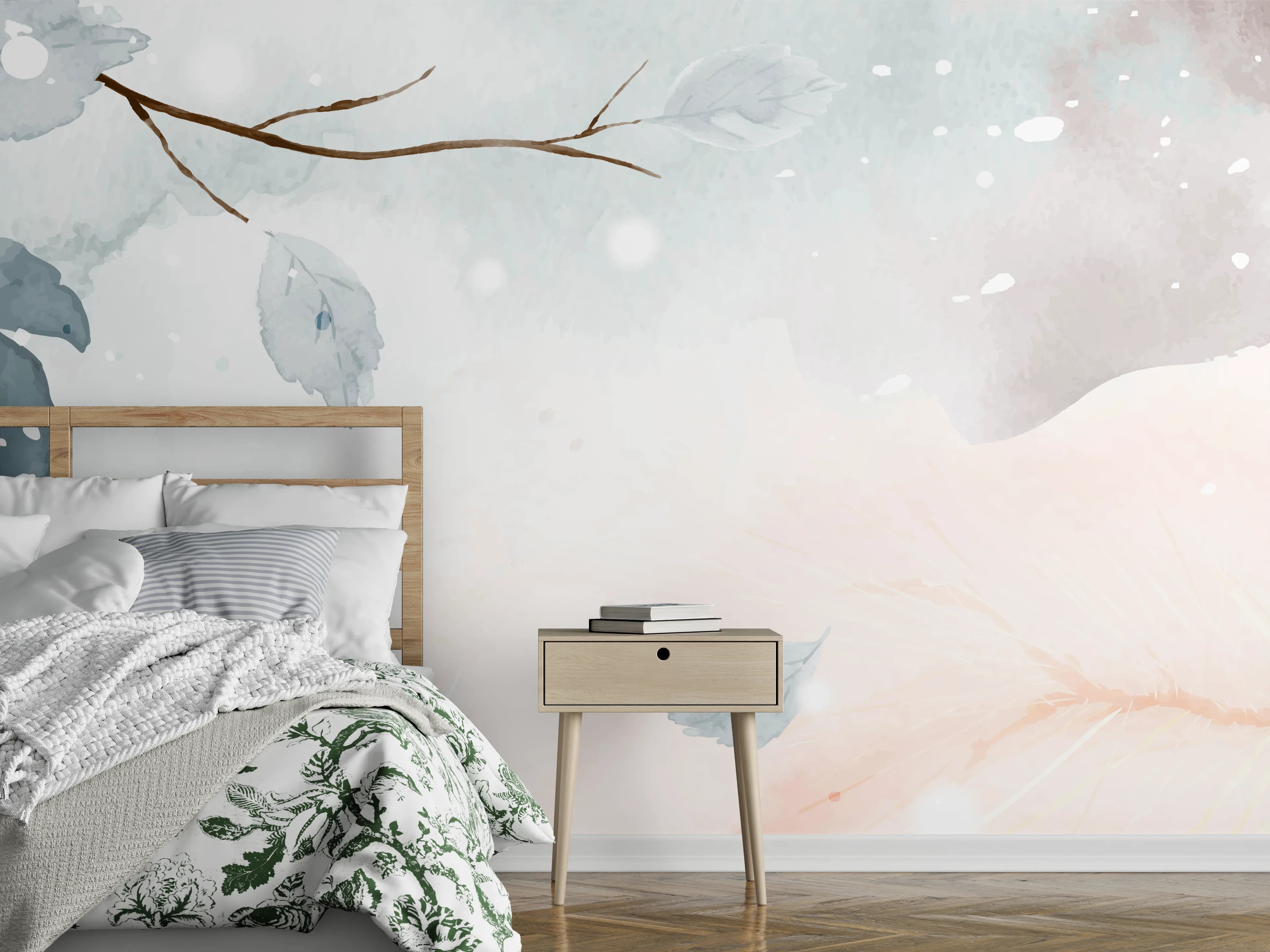 Wandverkleidung Schlafzimmer - Winter-Aquarell in Erdtönen