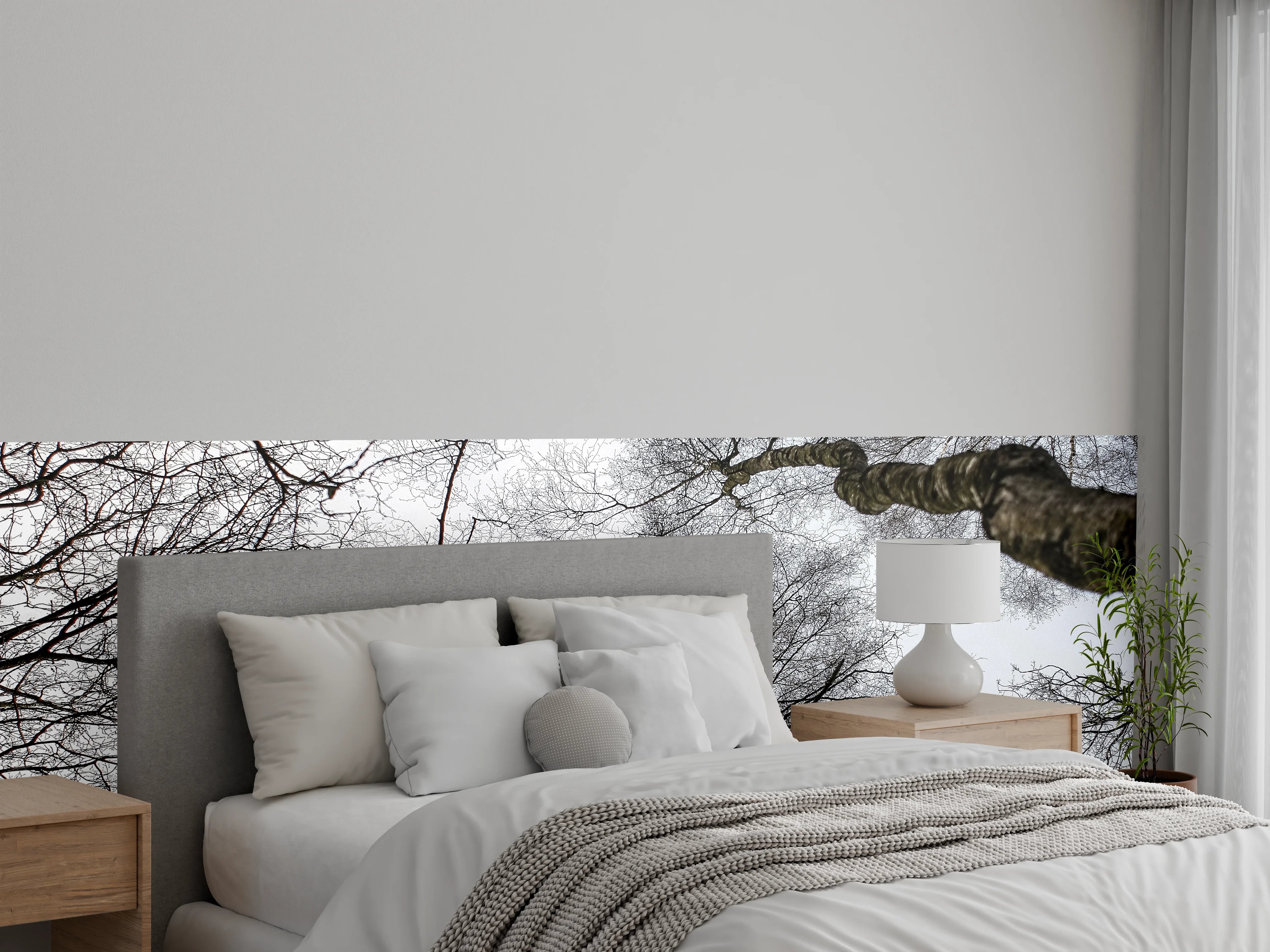 Wandverkleidung Schlafzimmer - Winterliche Baumkronen in Schwarz-Weiß