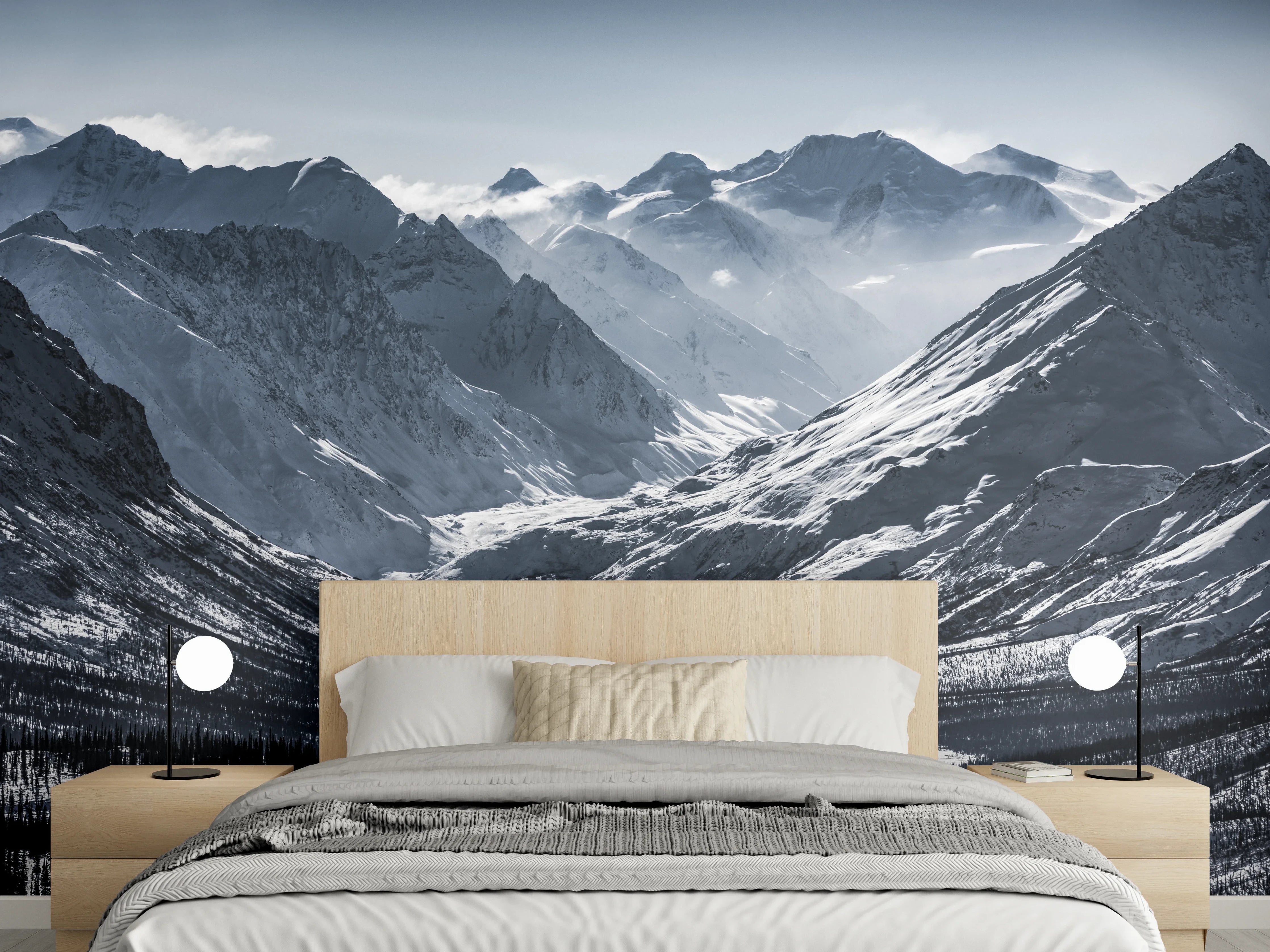 Wandverkleidung Schlafzimmer - Winterliche Berge – Schwarz Weiß Fotokunst