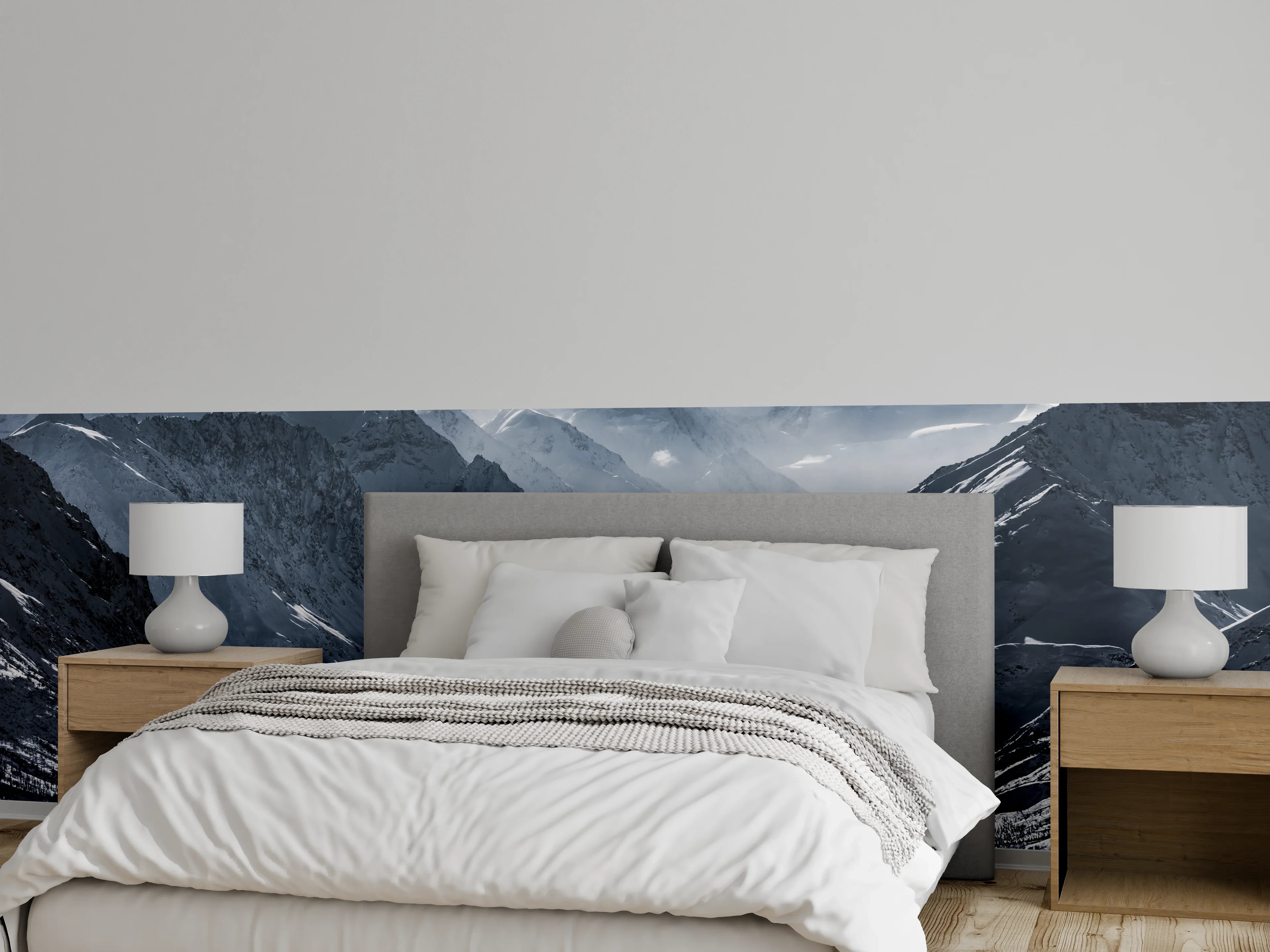 Wandverkleidung Schlafzimmer - Winterliche Berge – Schwarz Weiß Fotokunst