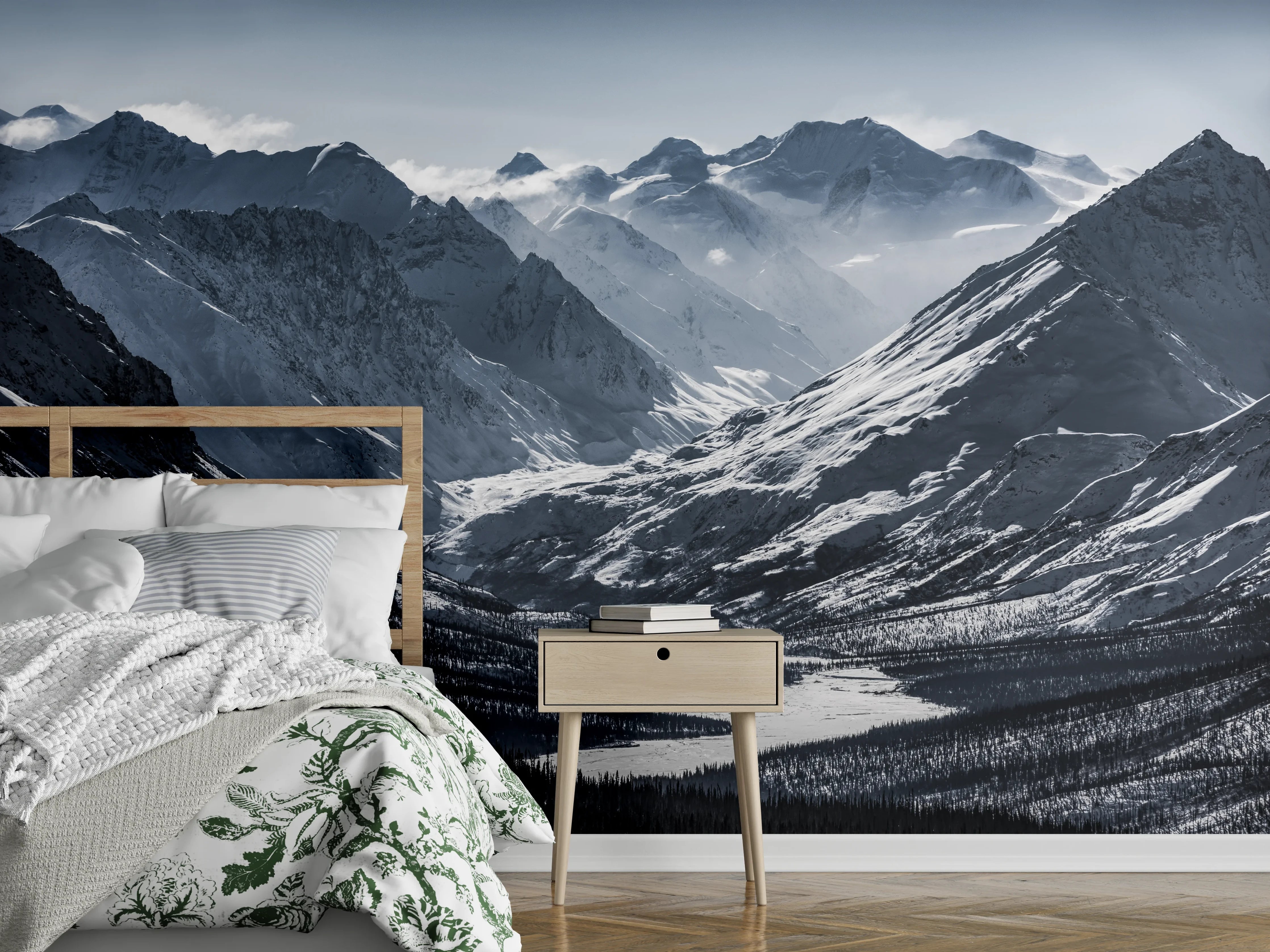Wandverkleidung Schlafzimmer - Winterliche Berge – Schwarz Weiß Fotokunst