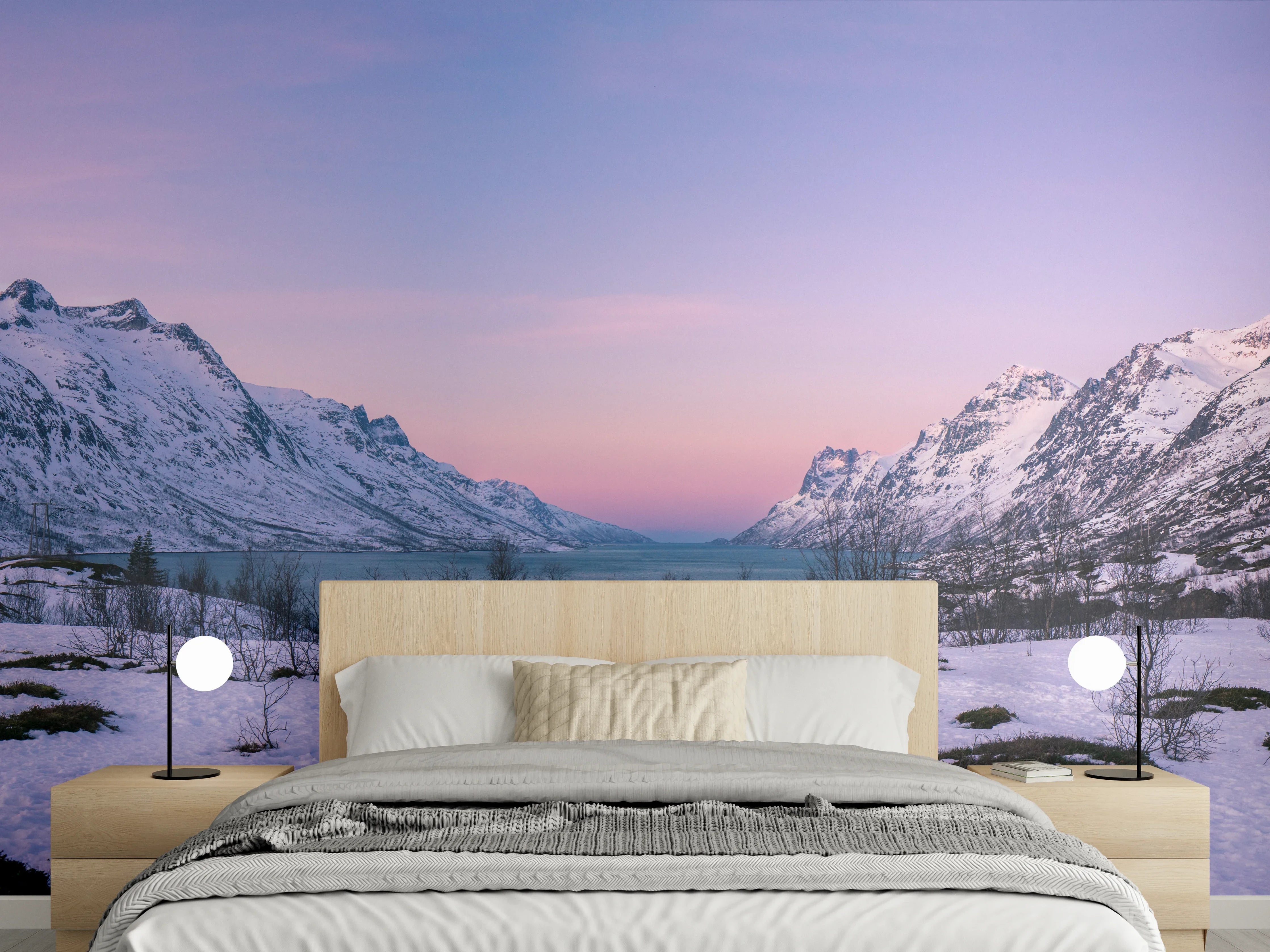 Wandverkleidung Schlafzimmer - Winterliche Fjordlandschaft im Abendlicht