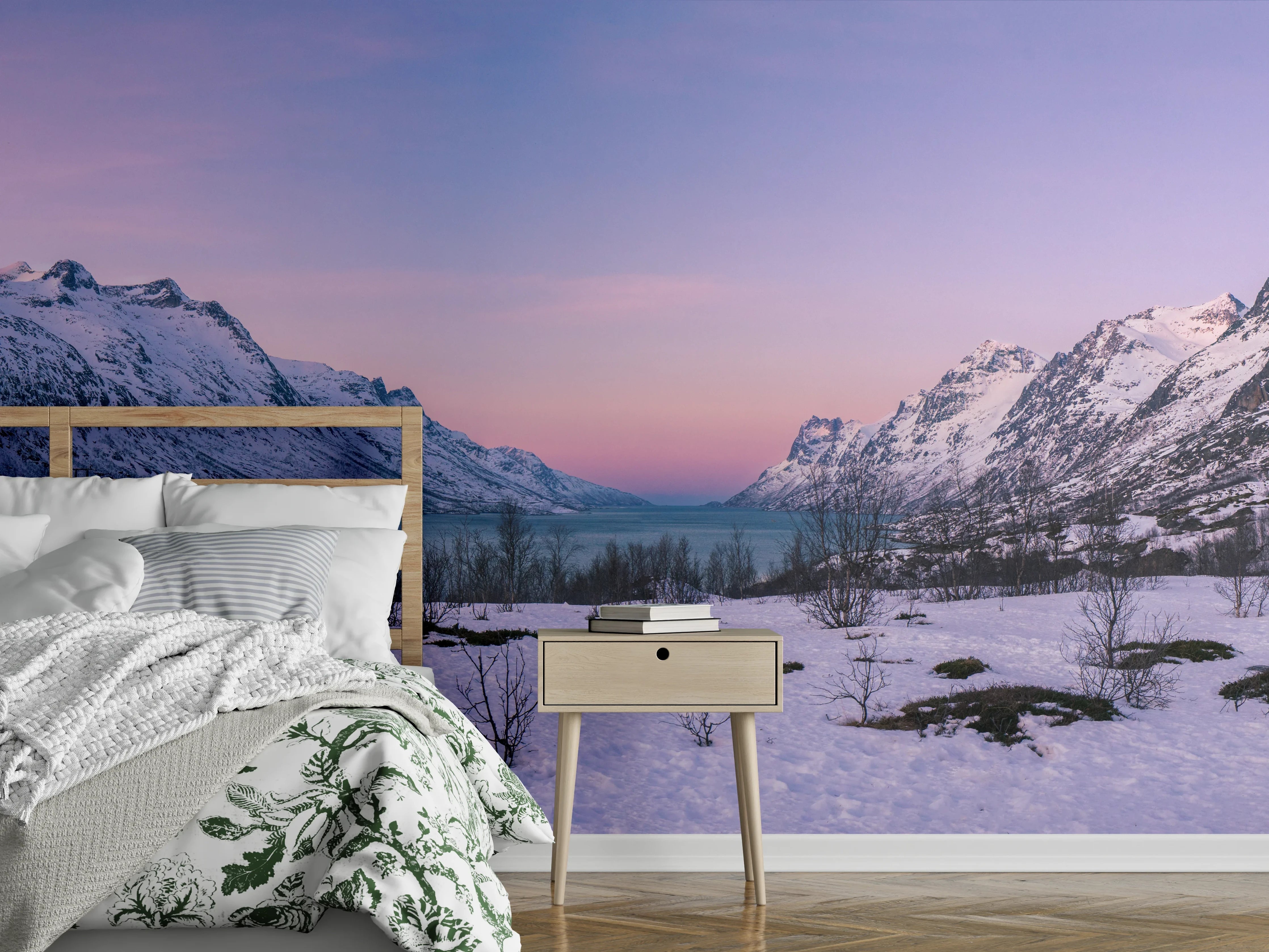 Wandverkleidung Schlafzimmer - Winterliche Fjordlandschaft im Abendlicht