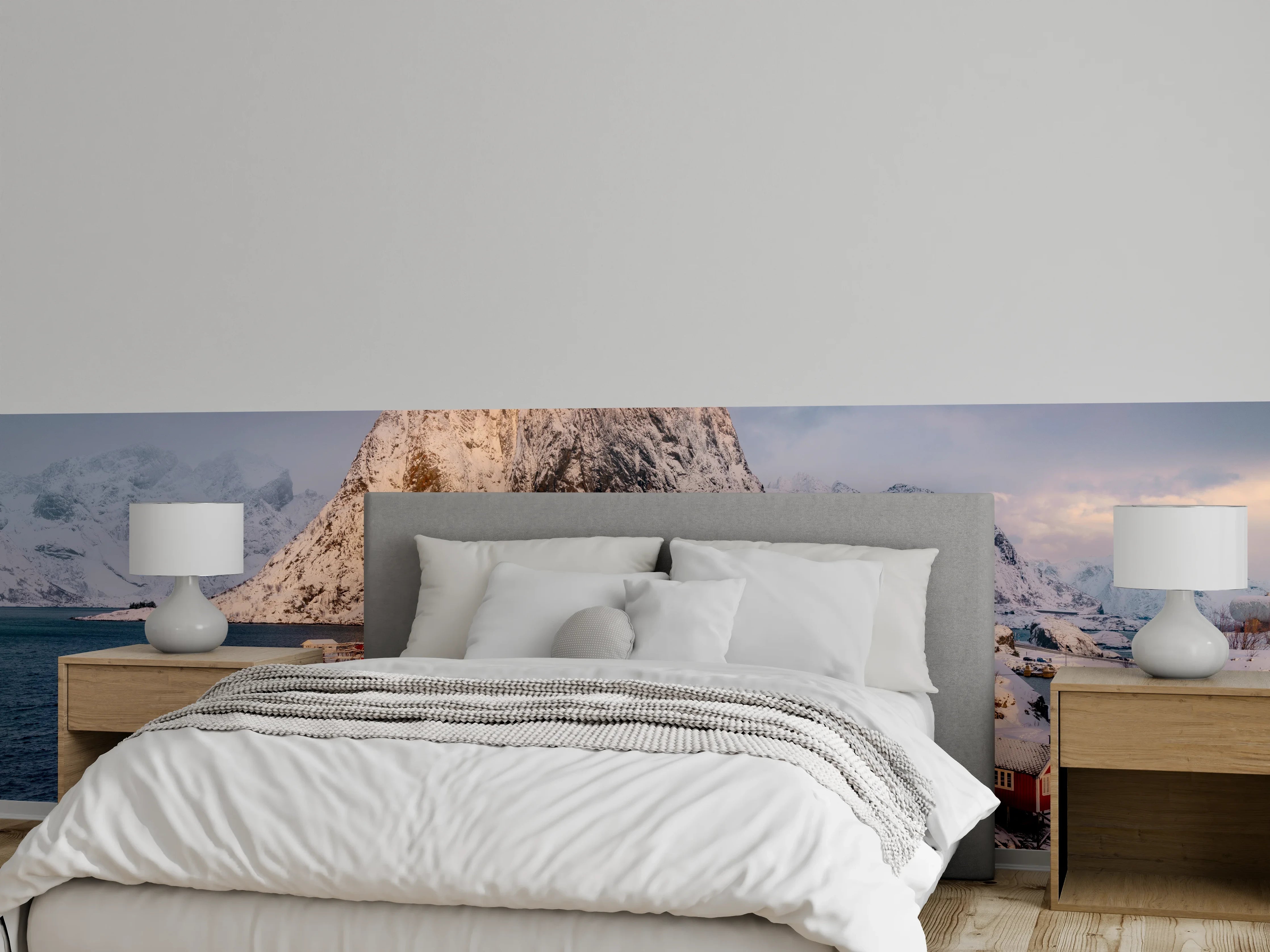 Wandverkleidung Schlafzimmer - Winterliche Fjordlandschaft mit roten Häusern