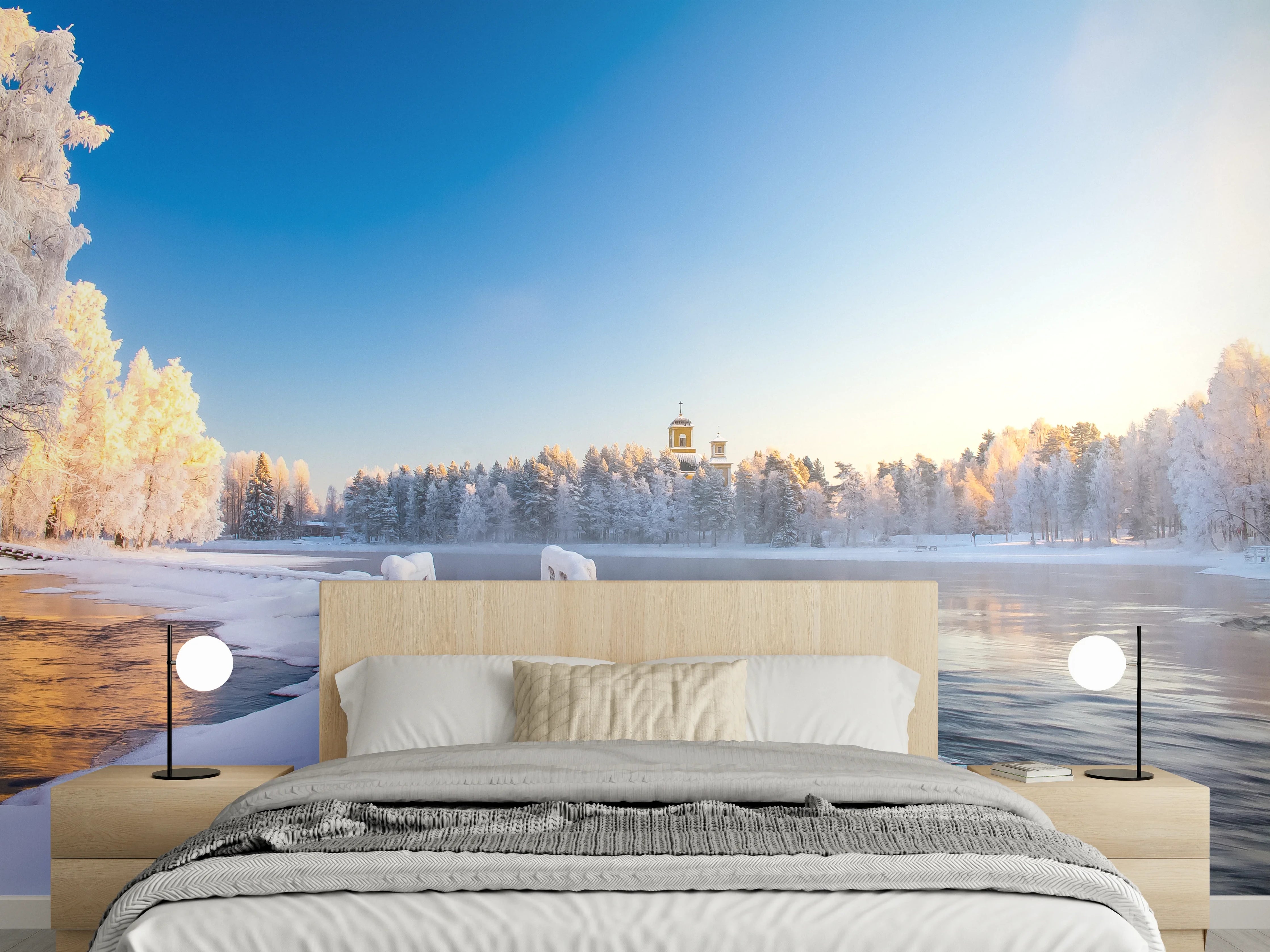 Wandverkleidung Schlafzimmer - Winterliche Flusslandschaft mit verschneiter Brücke