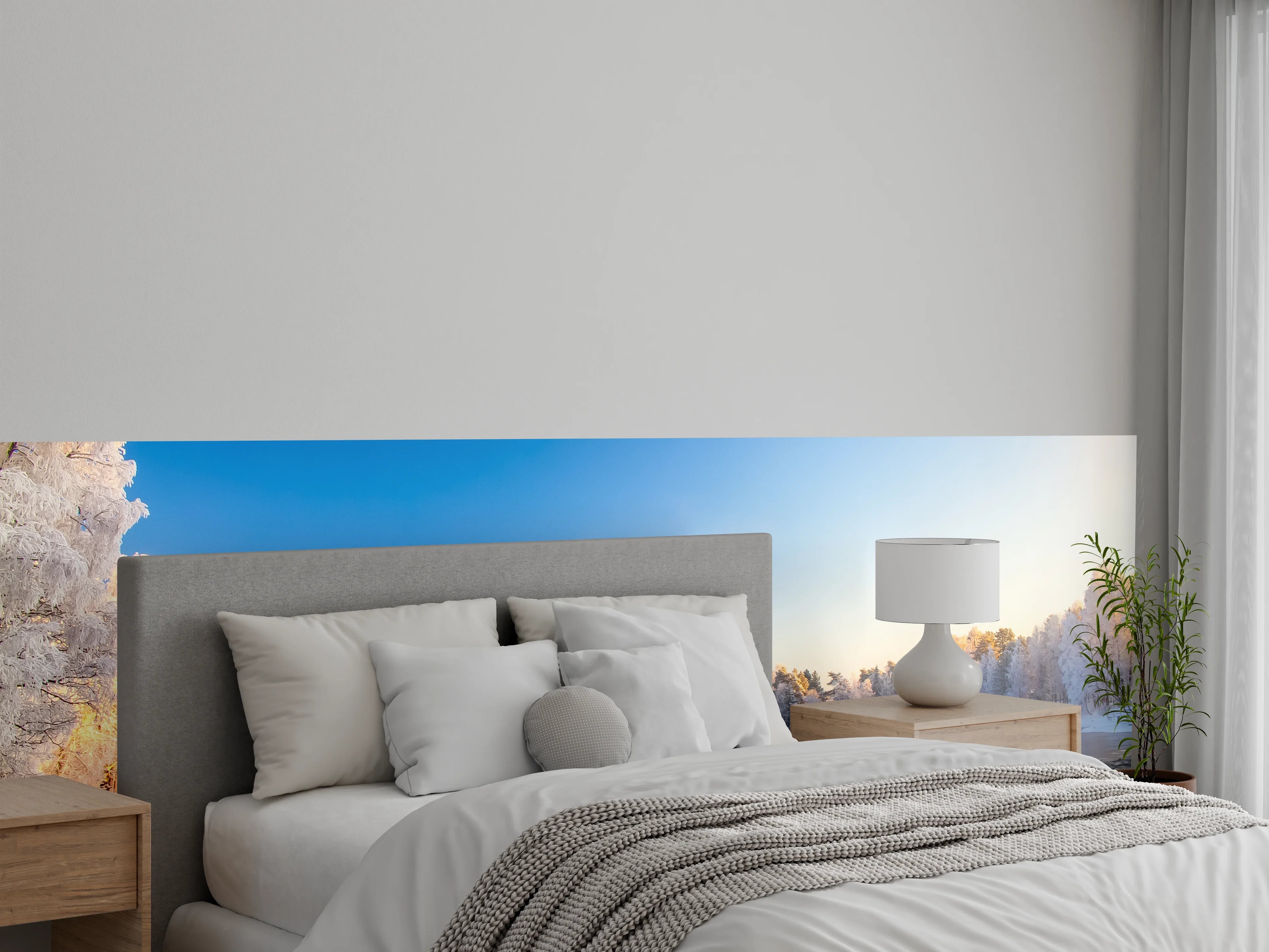 Wandverkleidung Schlafzimmer - Winterliche Flusslandschaft mit verschneiter Brücke