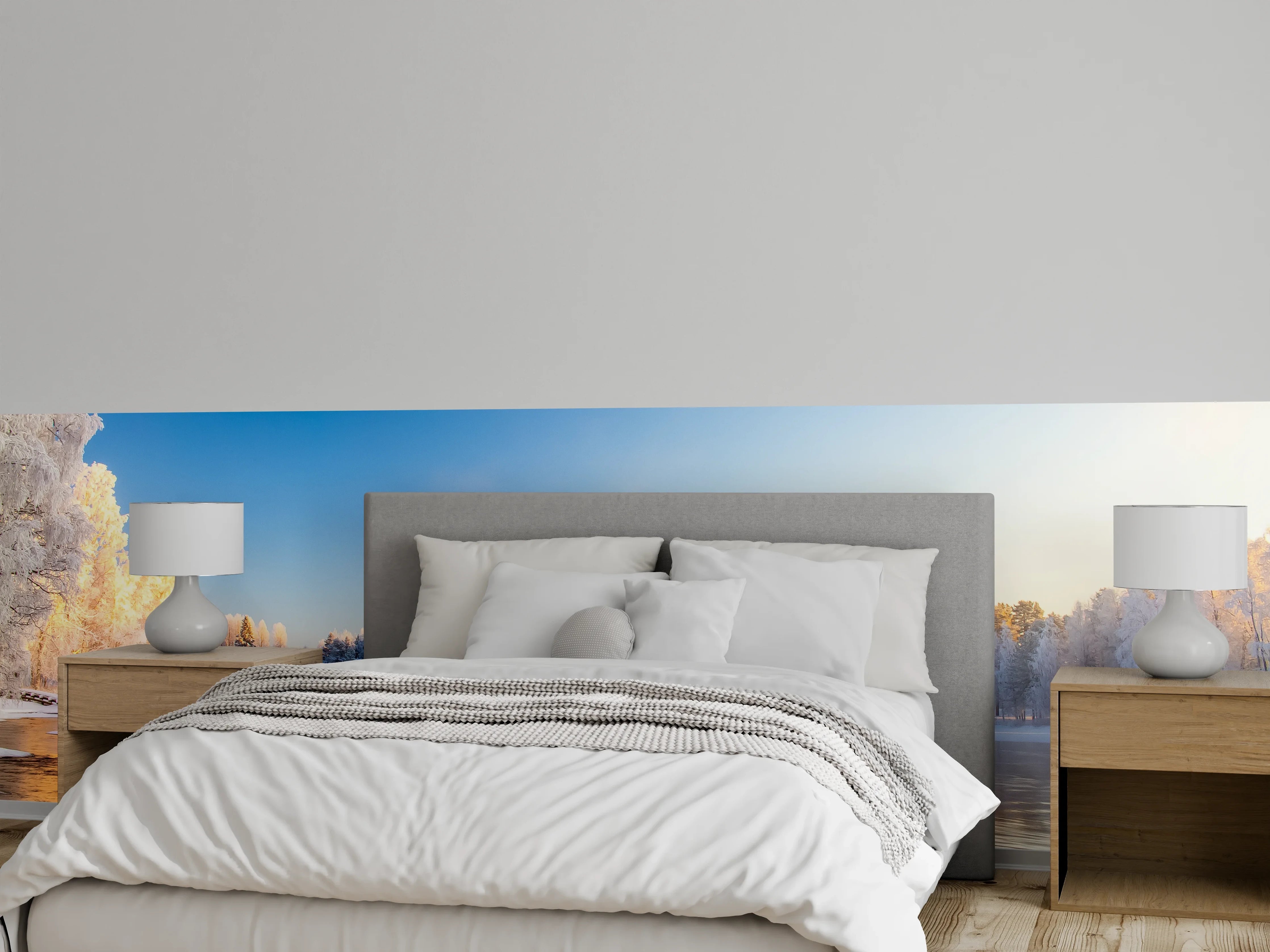 Wandverkleidung Schlafzimmer - Winterliche Flusslandschaft mit verschneiter Brücke
