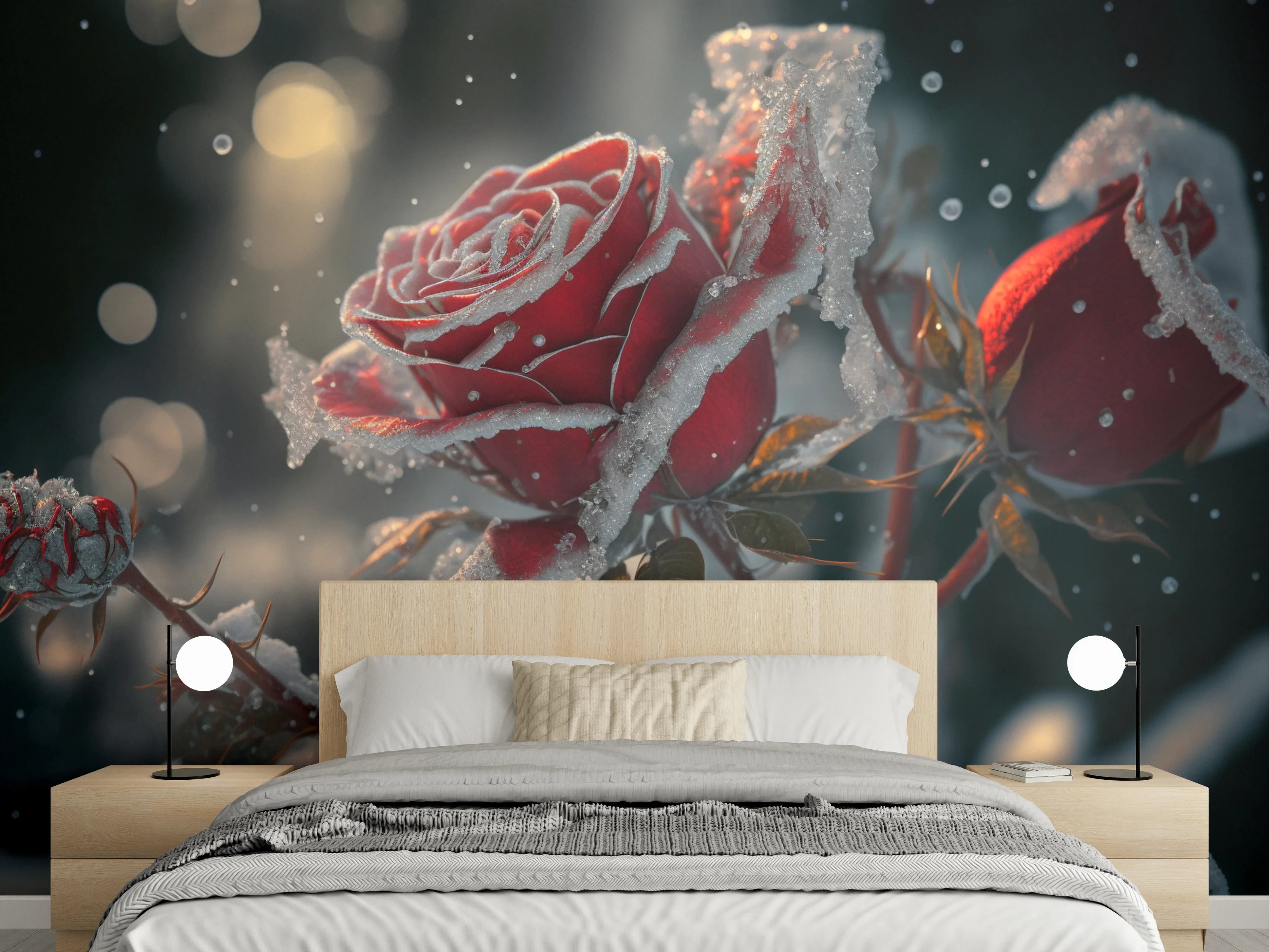Wandverkleidung Schlafzimmer - Winterliche rote Rose mit Raureif