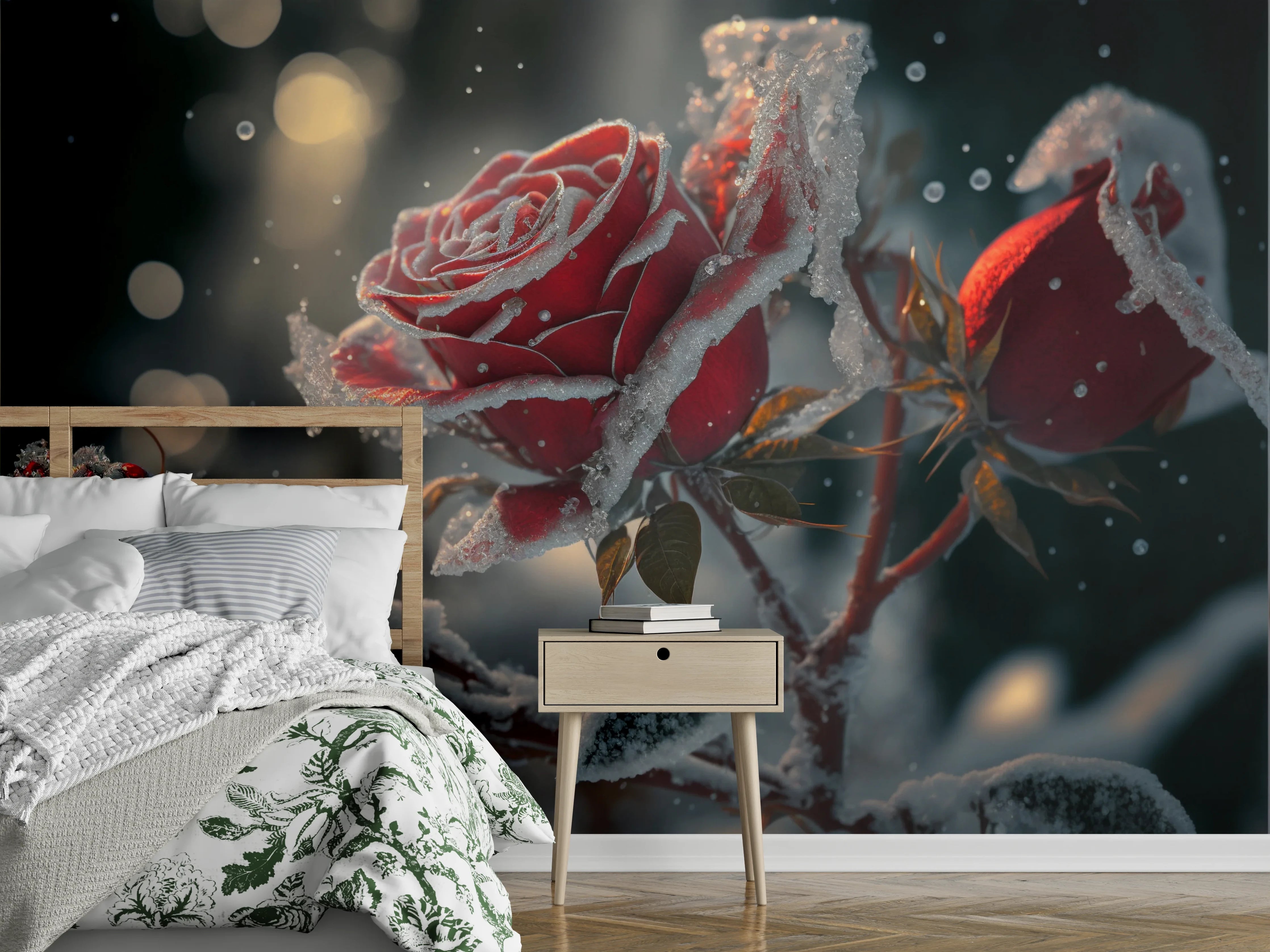 Wandverkleidung Schlafzimmer - Winterliche rote Rose mit Raureif