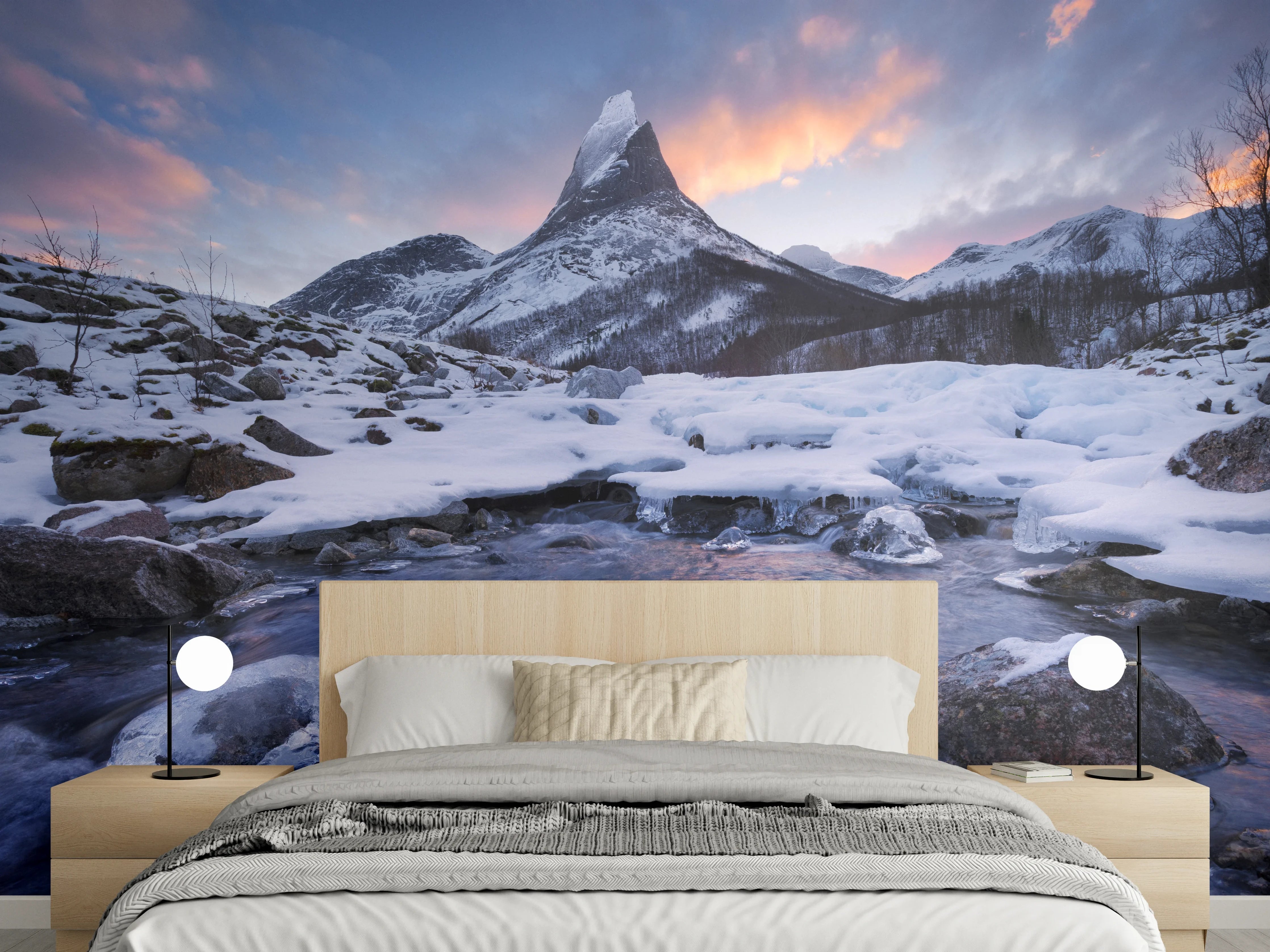 Wandverkleidung Schlafzimmer - Winterlicher Bergsee Sonnenuntergang Panorama