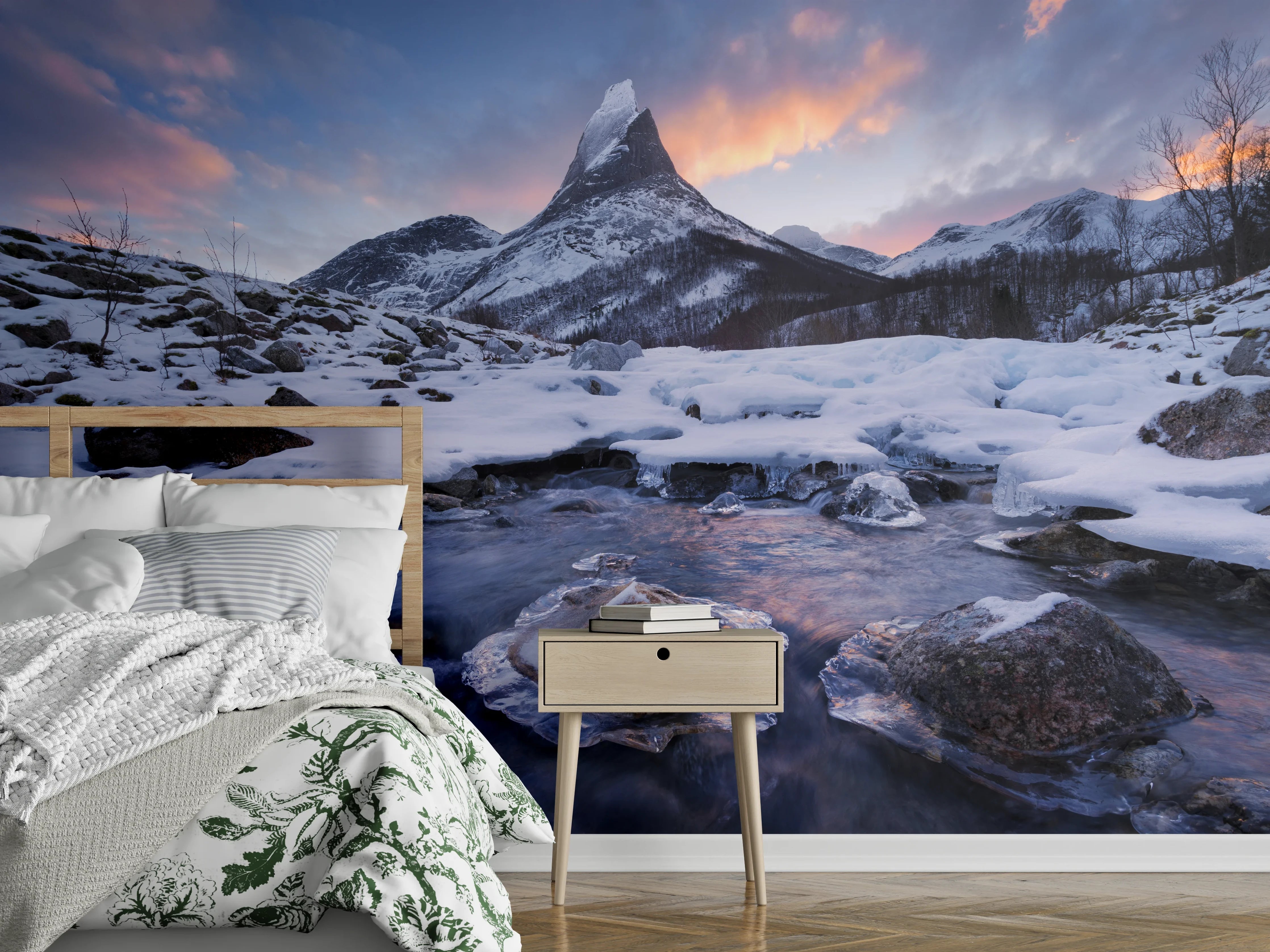 Wandverkleidung Schlafzimmer - Winterlicher Bergsee Sonnenuntergang Panorama