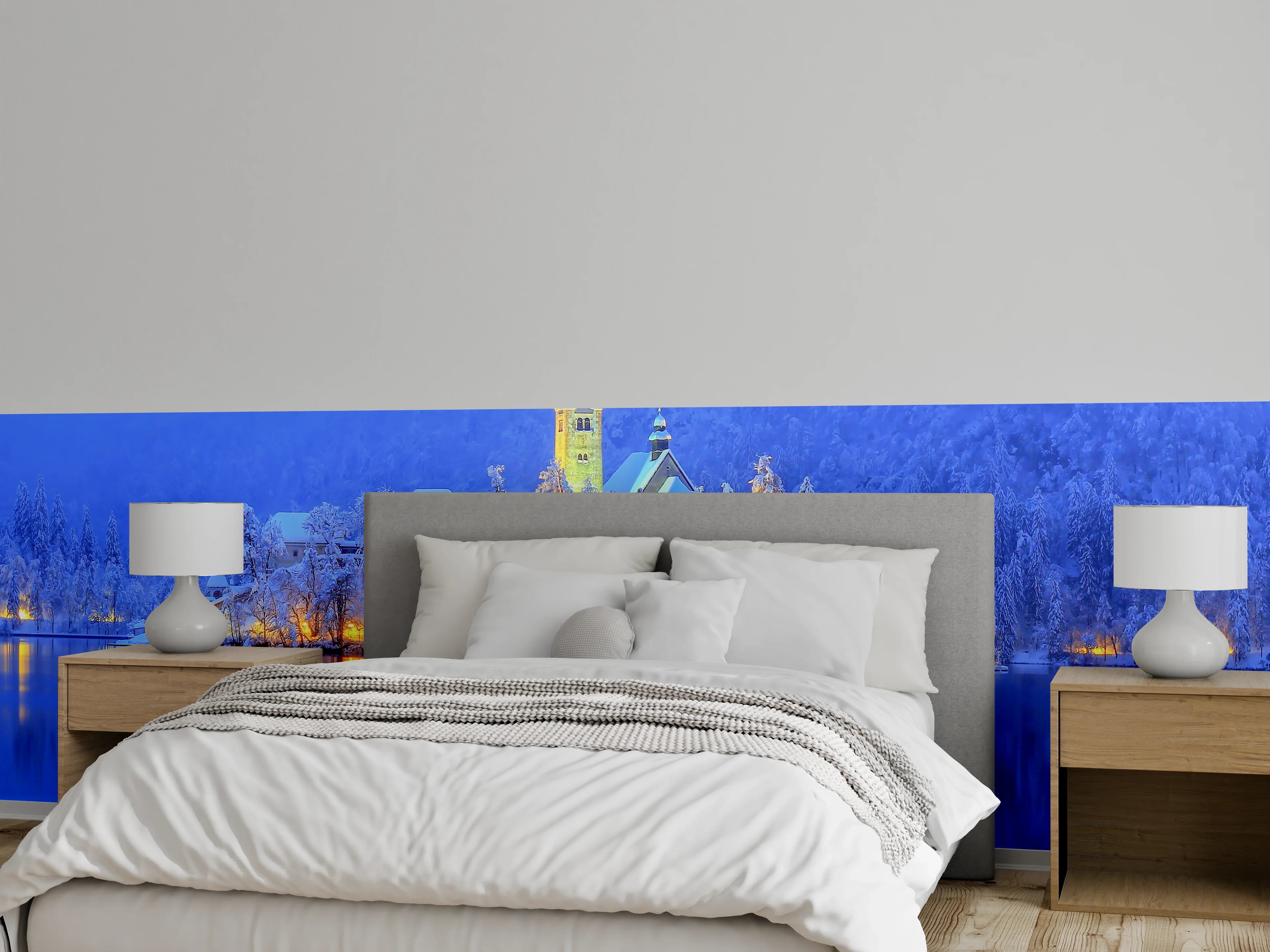 Wandverkleidung Schlafzimmer - Winterlicher See mit beleuchteter Kirche