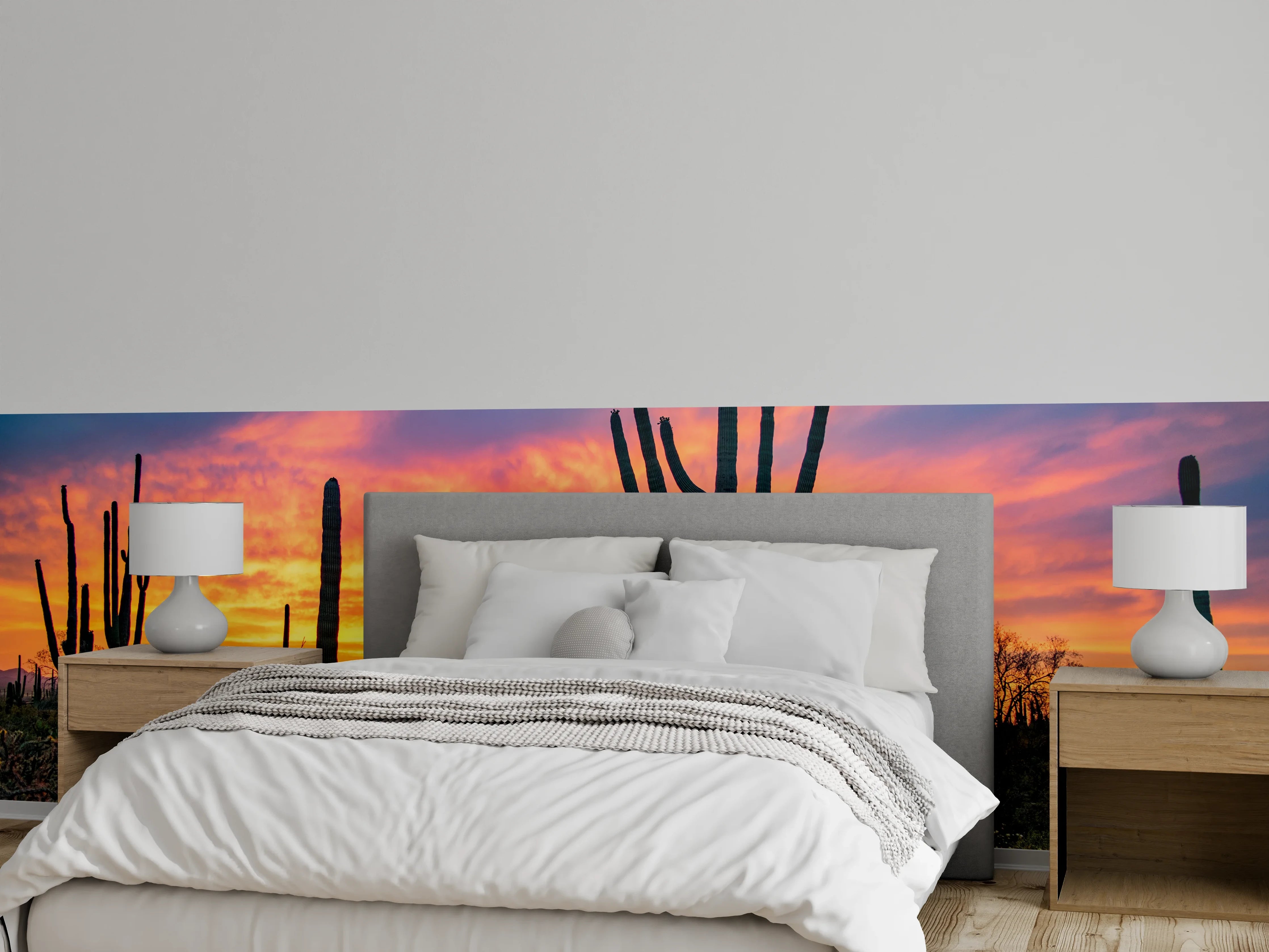 Wandverkleidung Schlafzimmer - Wüstenkaktus bei Sonnenuntergang Fototapete
