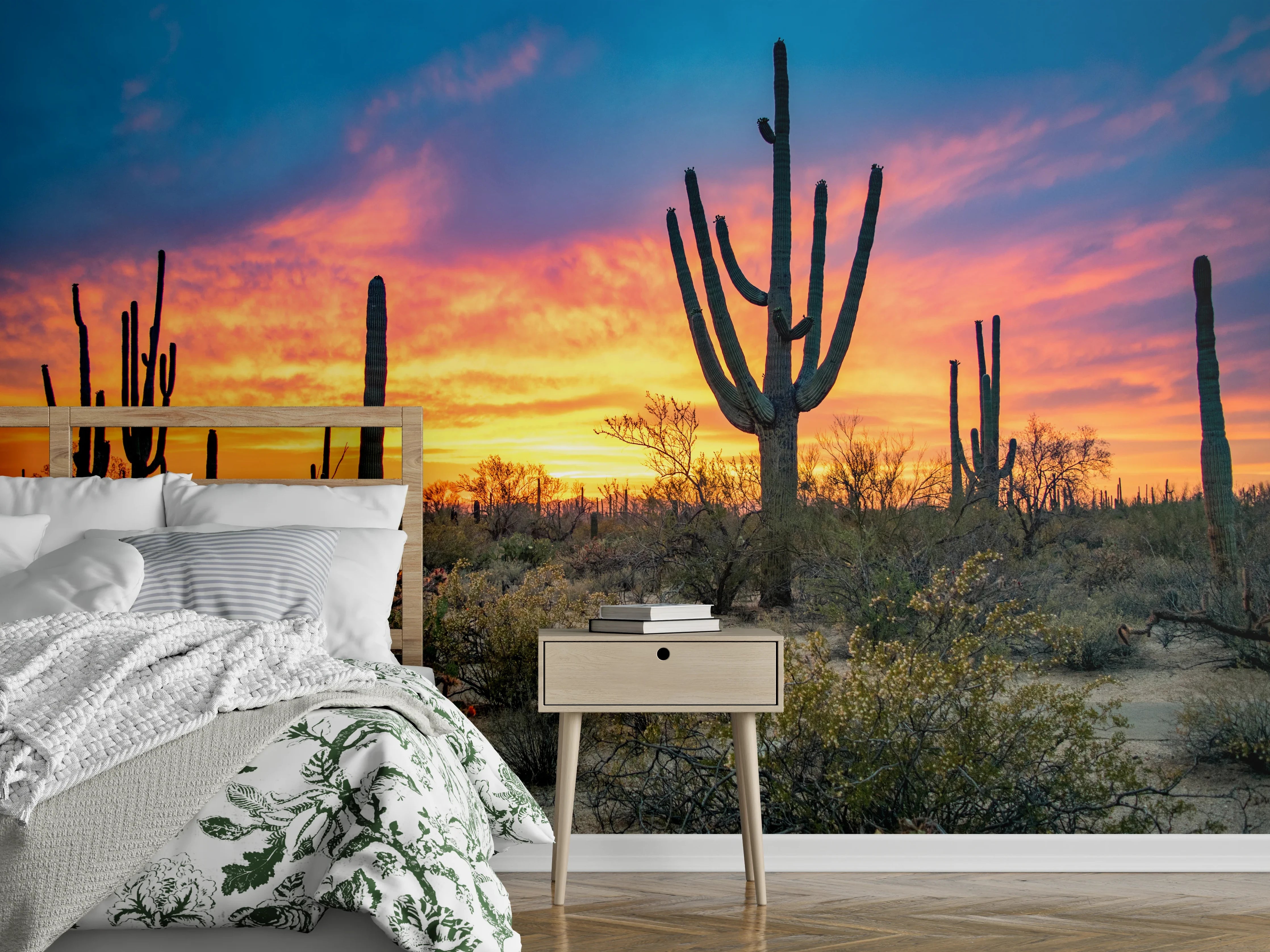 Wandverkleidung Schlafzimmer - Wüstenkaktus bei Sonnenuntergang Fototapete
