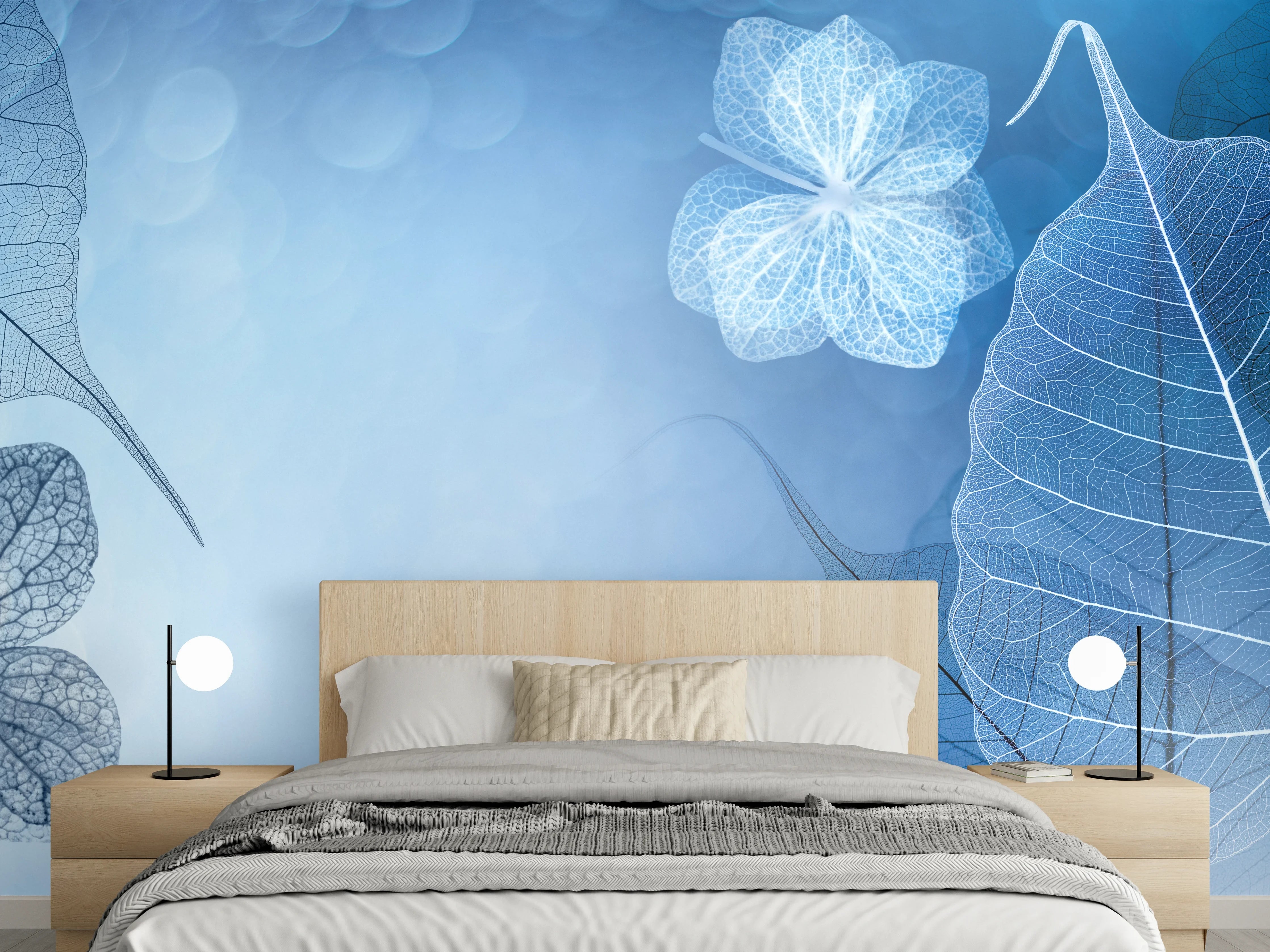 Wandverkleidung Schlafzimmer - Zarte Blätter in Blau – filigran & edel