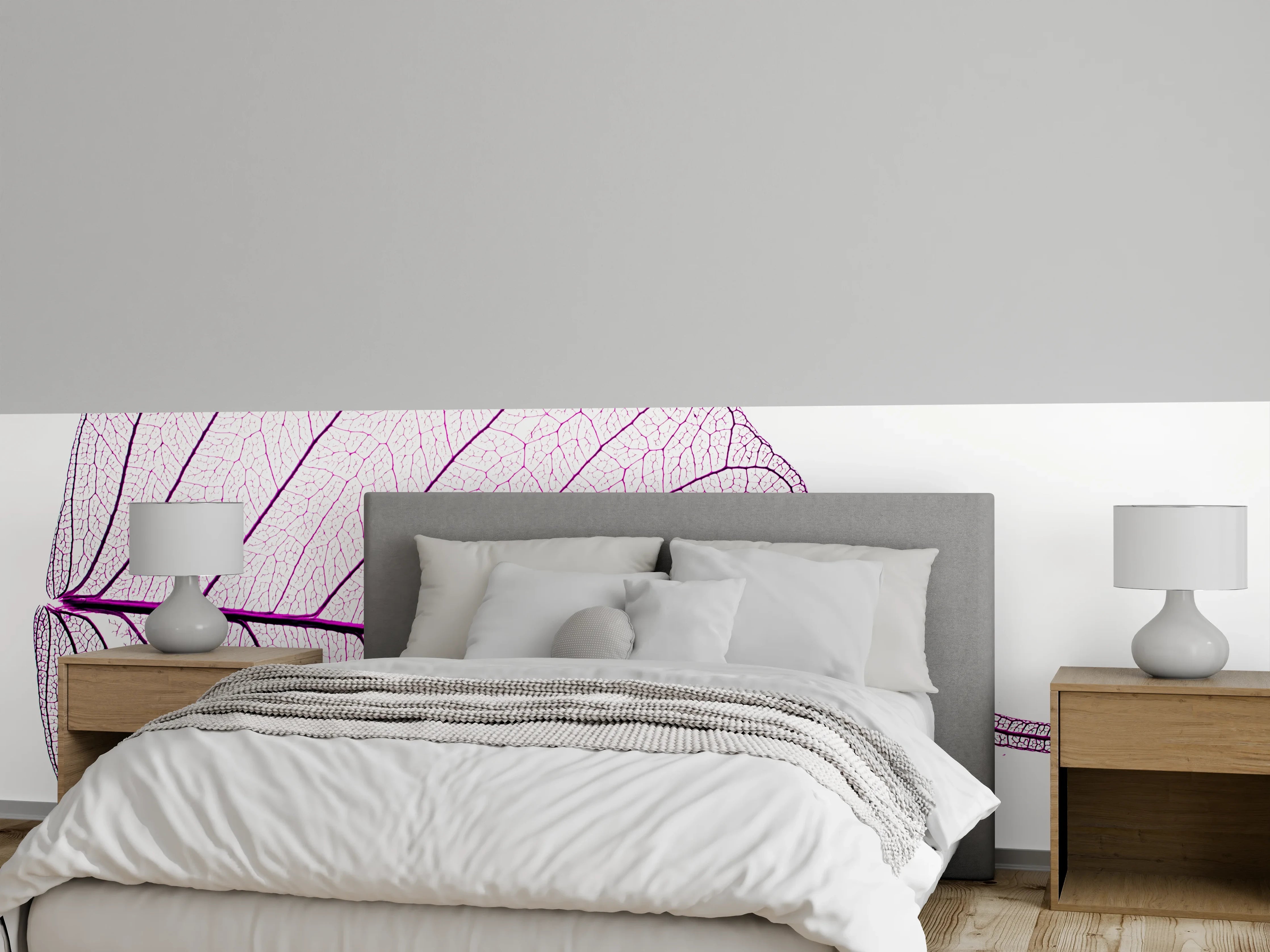 Wandverkleidung Schlafzimmer - Zarte Blattsilhouette in Lila
