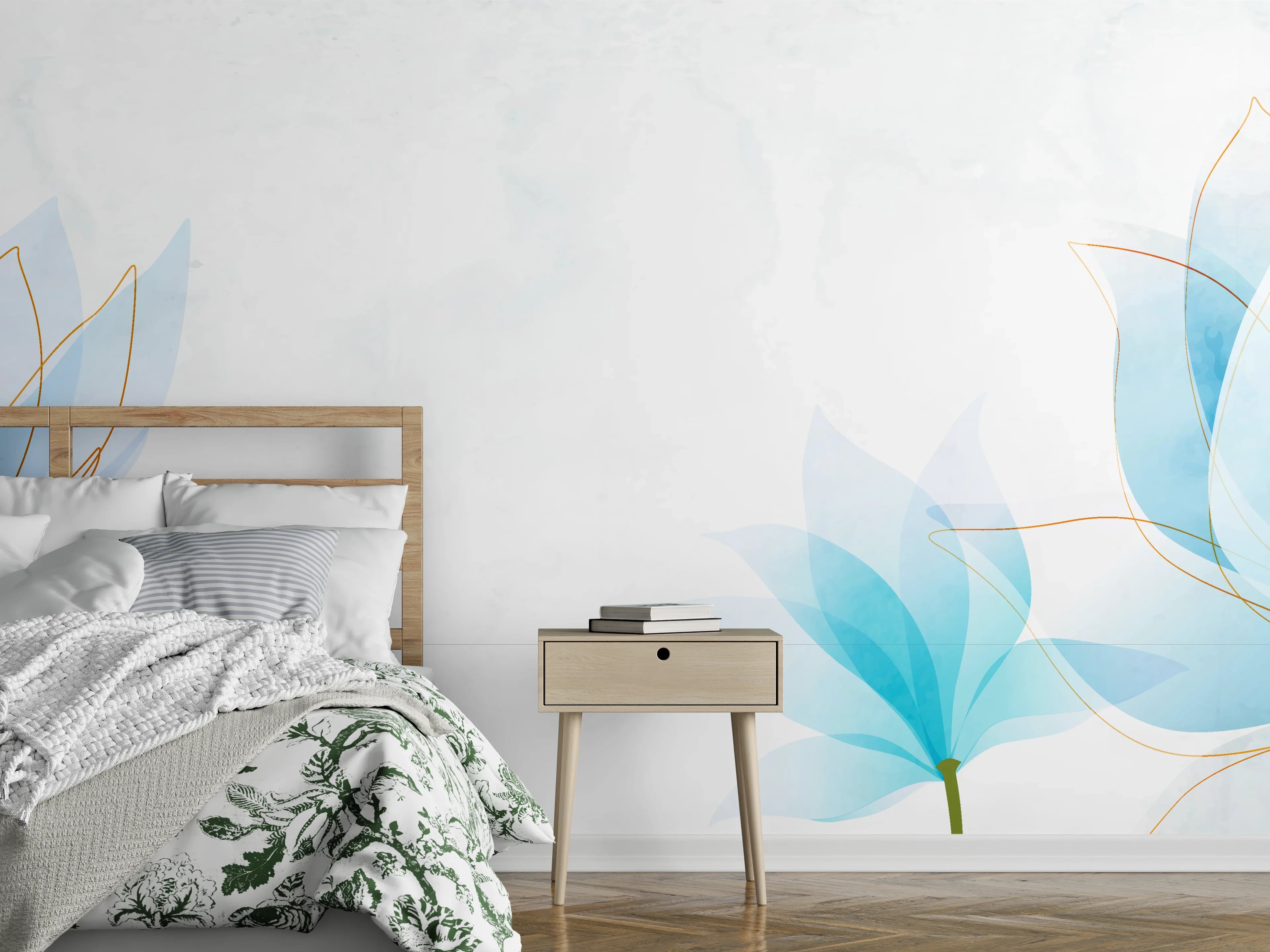 Wandverkleidung Schlafzimmer - Zarte Blaue Blumen Illustration