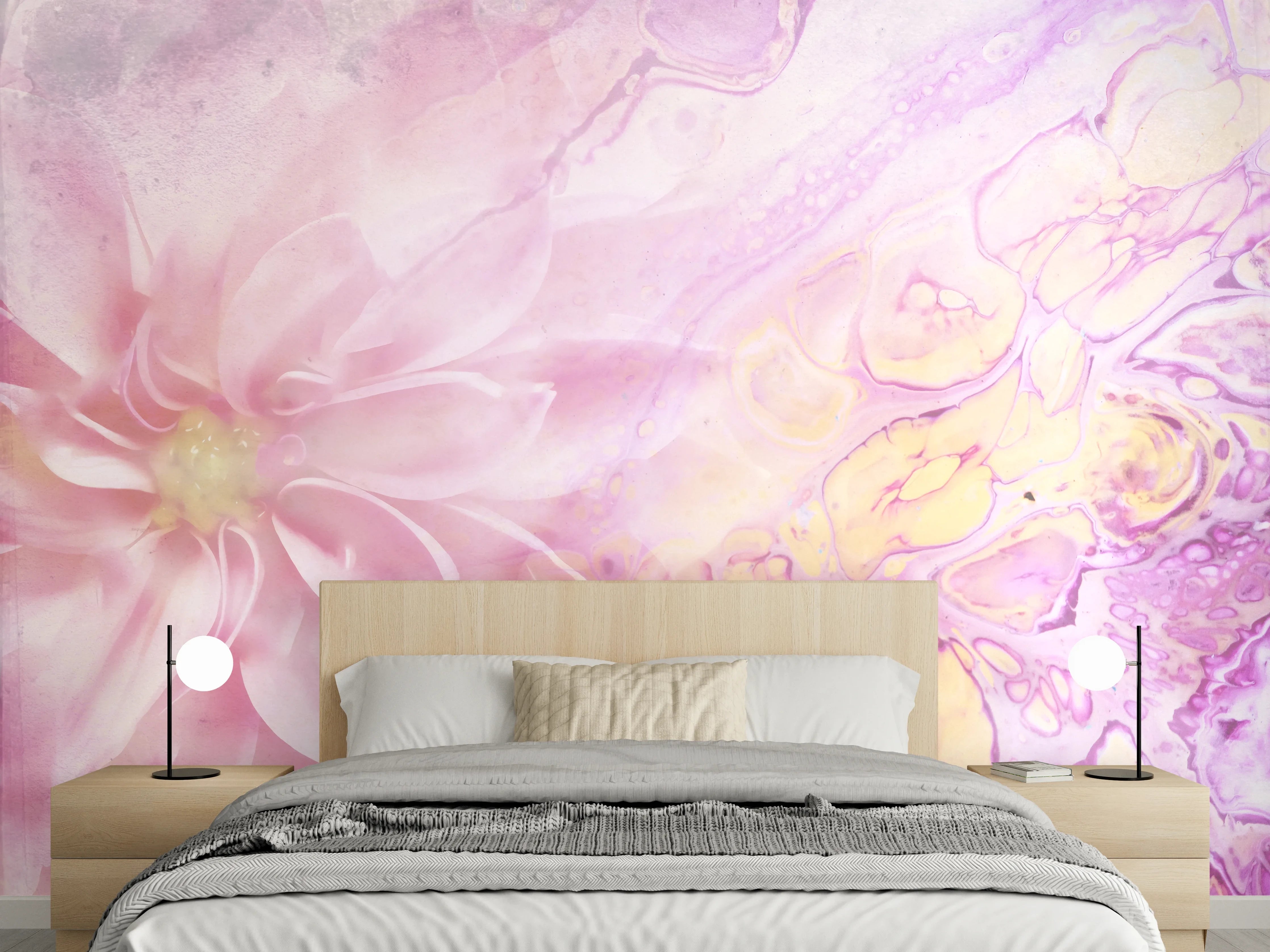 Wandverkleidung Schlafzimmer - Zarte Blüten in Marmoroptik Rosa