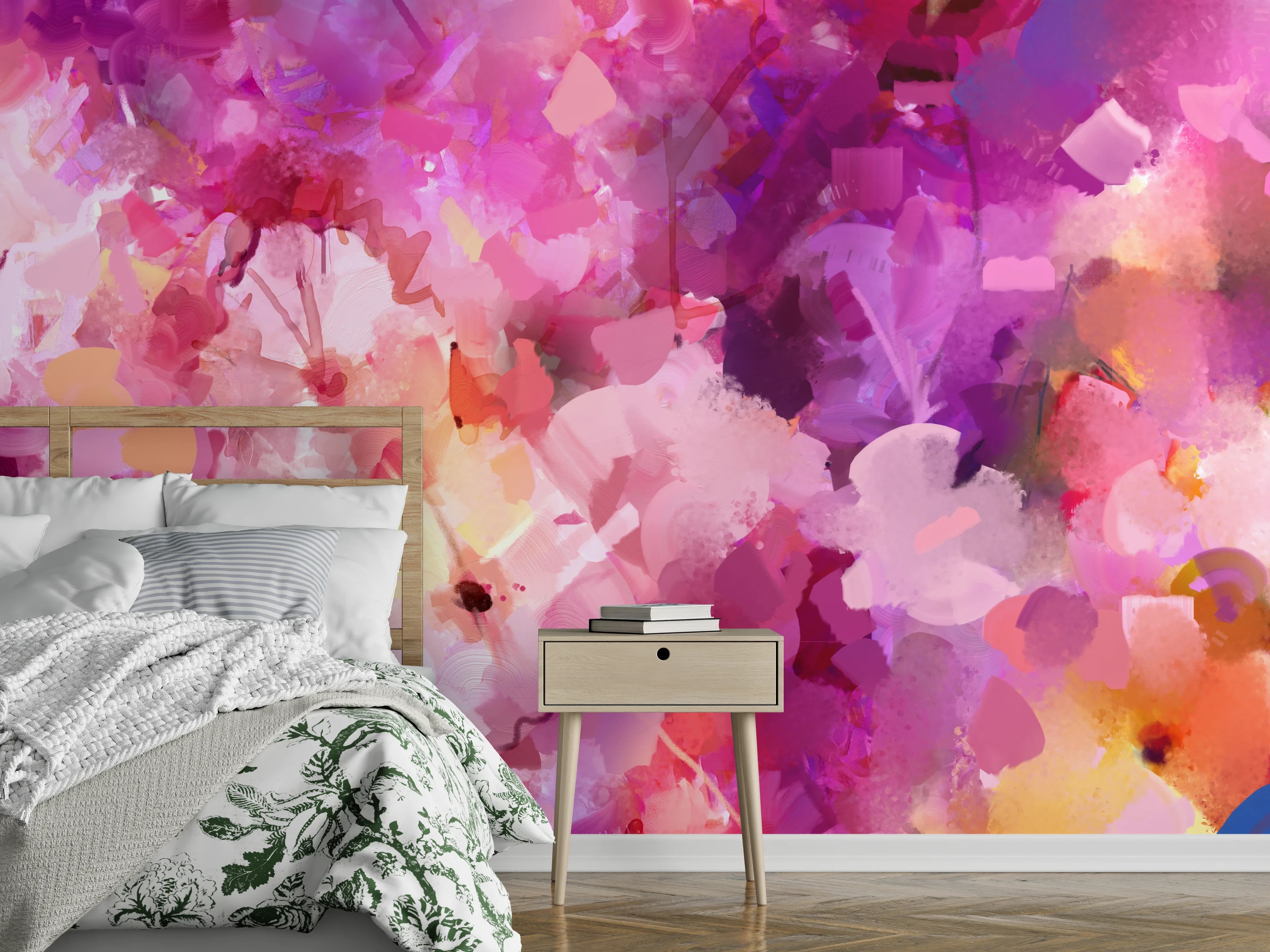 Wandverkleidung Schlafzimmer - Zarte Blüten in Rosa und Grau