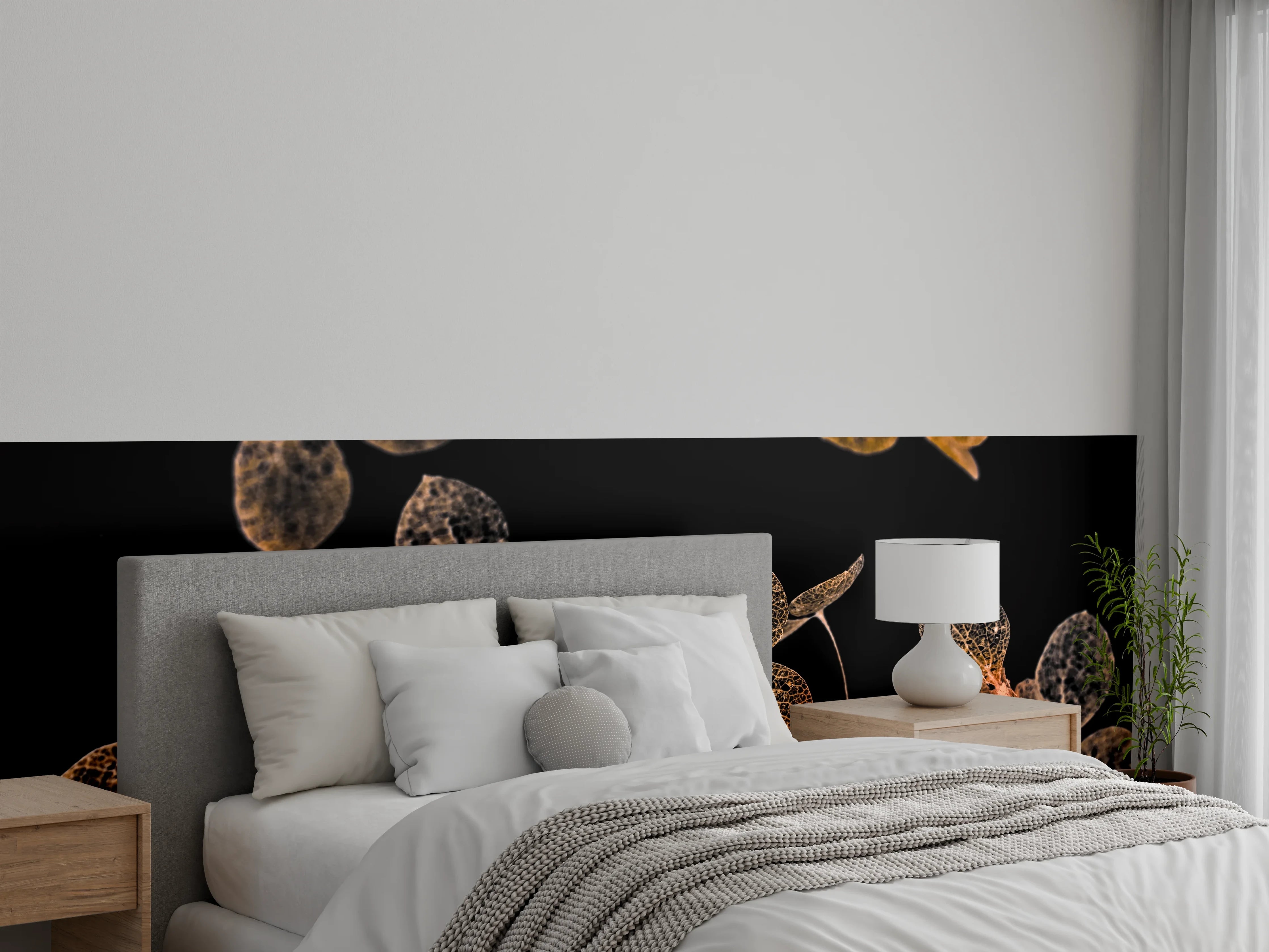 Wandverkleidung Schlafzimmer - Zarte Blüten transparent auf Schwarz