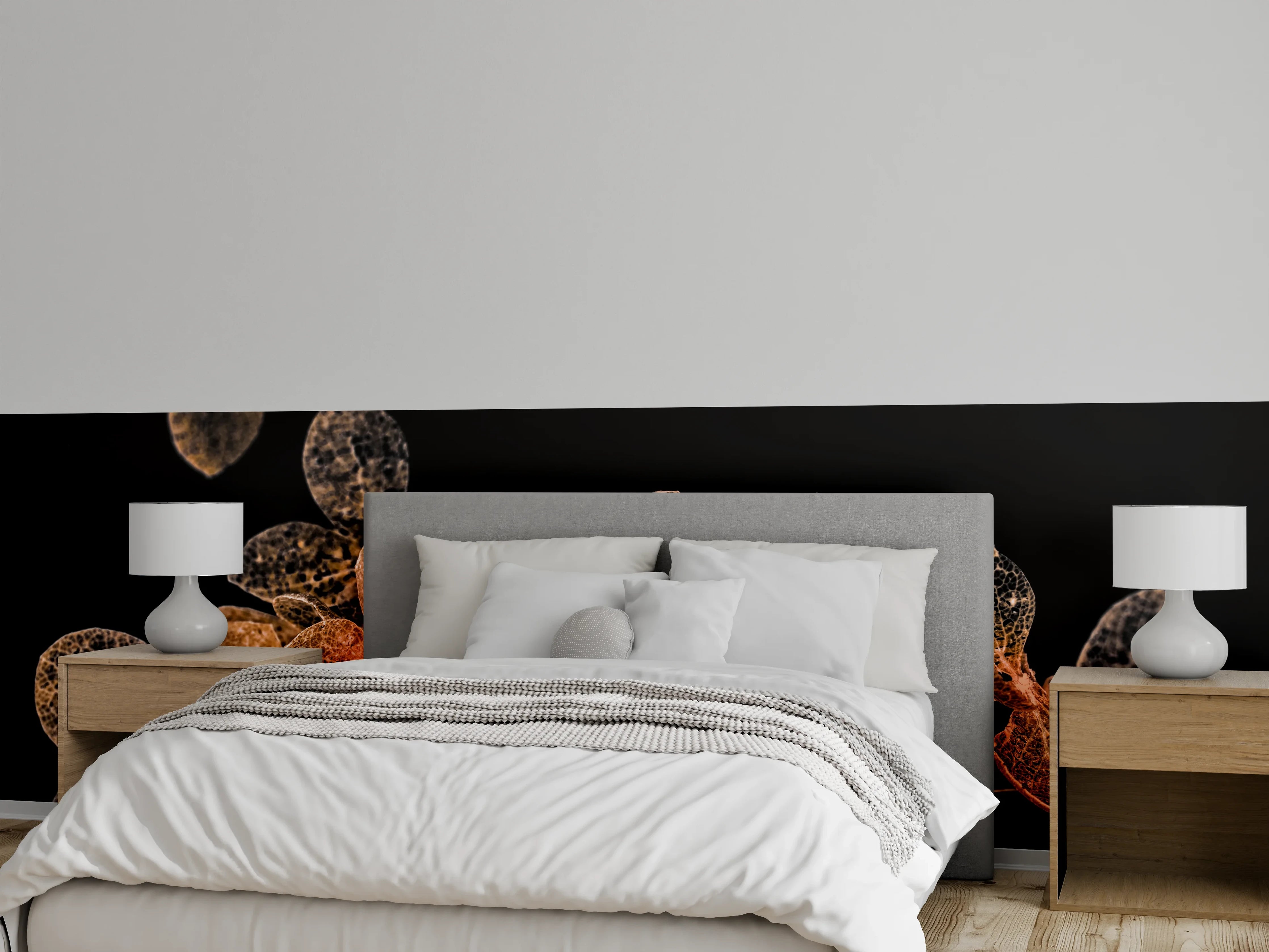 Wandverkleidung Schlafzimmer - Zarte Blüten transparent auf Schwarz