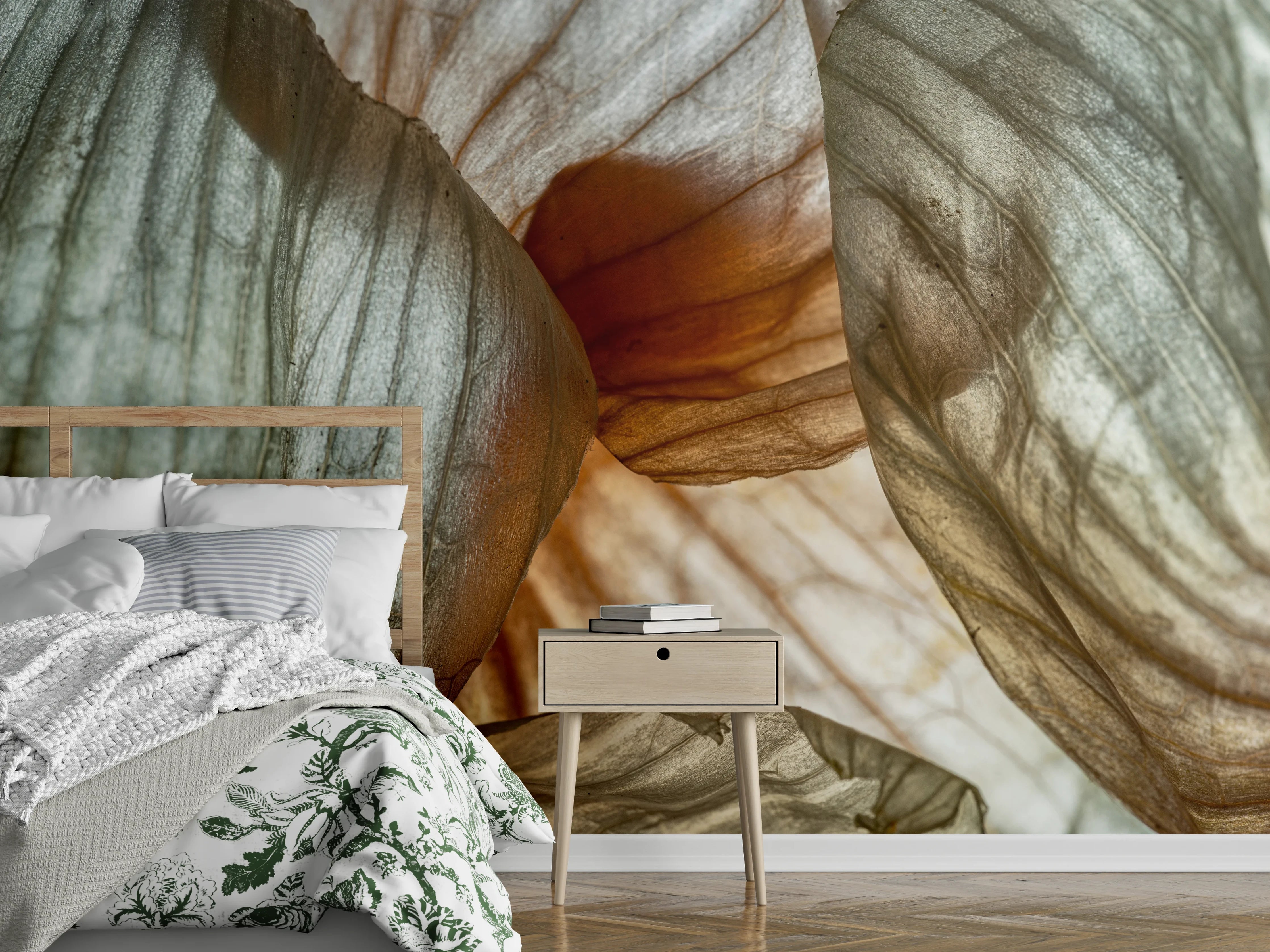 Wandverkleidung Schlafzimmer - Zarte Blütenstruktur in Naturfarben