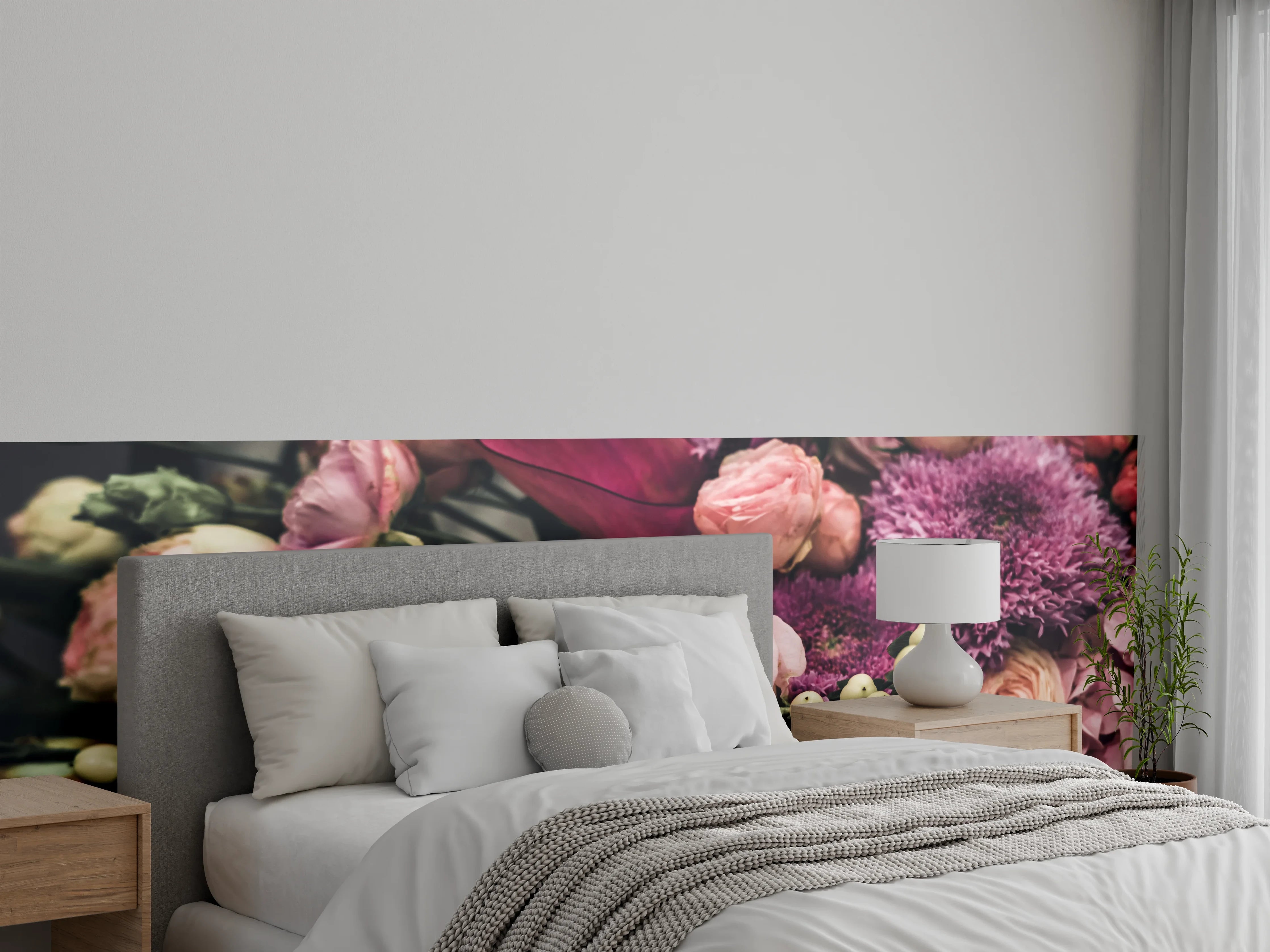 Wandverkleidung Schlafzimmer - Zarte Blumengräser in Pastellgrau