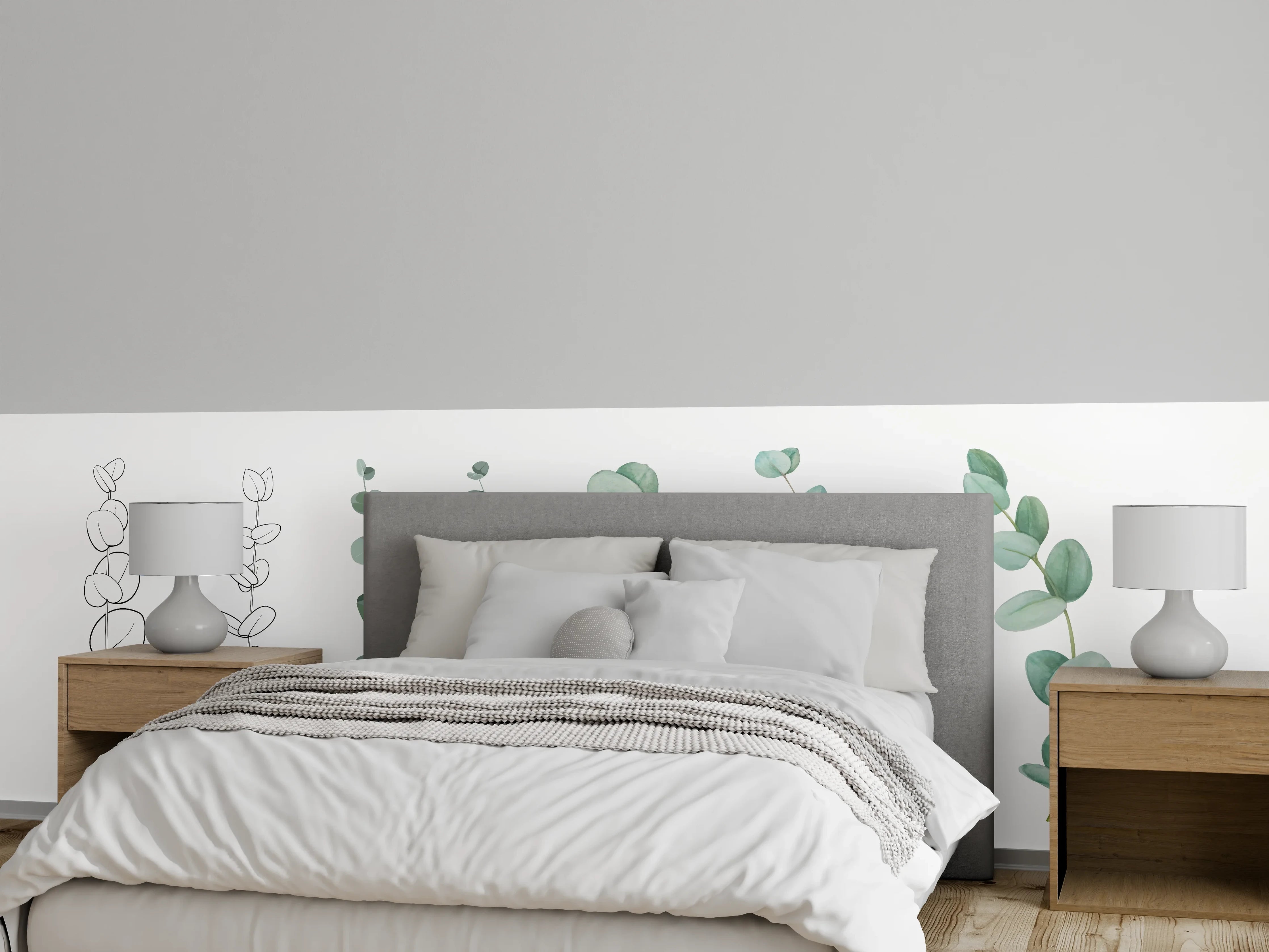 Wandverkleidung Schlafzimmer - Zarte Eukalyptus Aquarell-Motive
