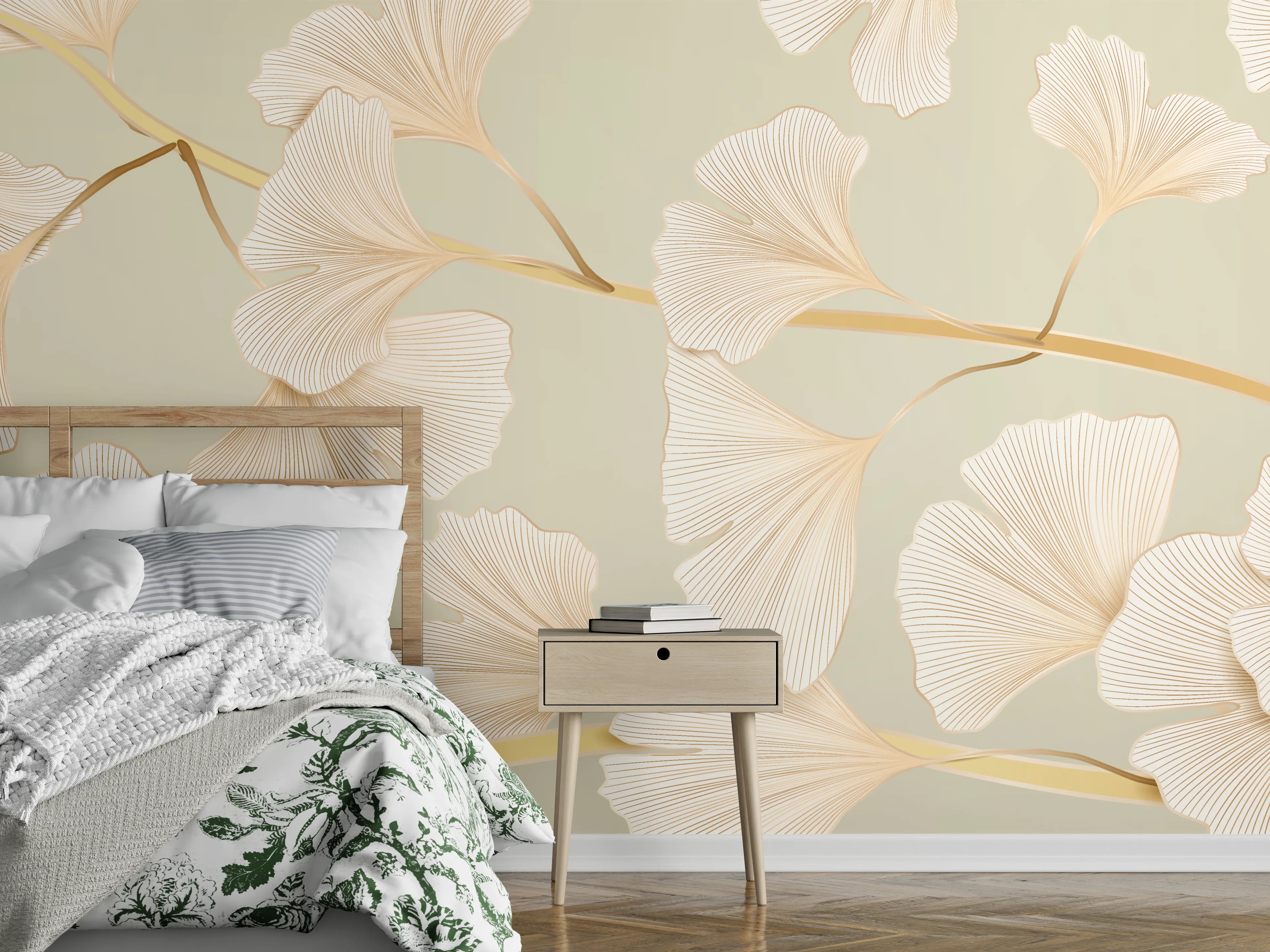 Wandverkleidung Schlafzimmer - Zarte Ginkgo-Blatt-Muster