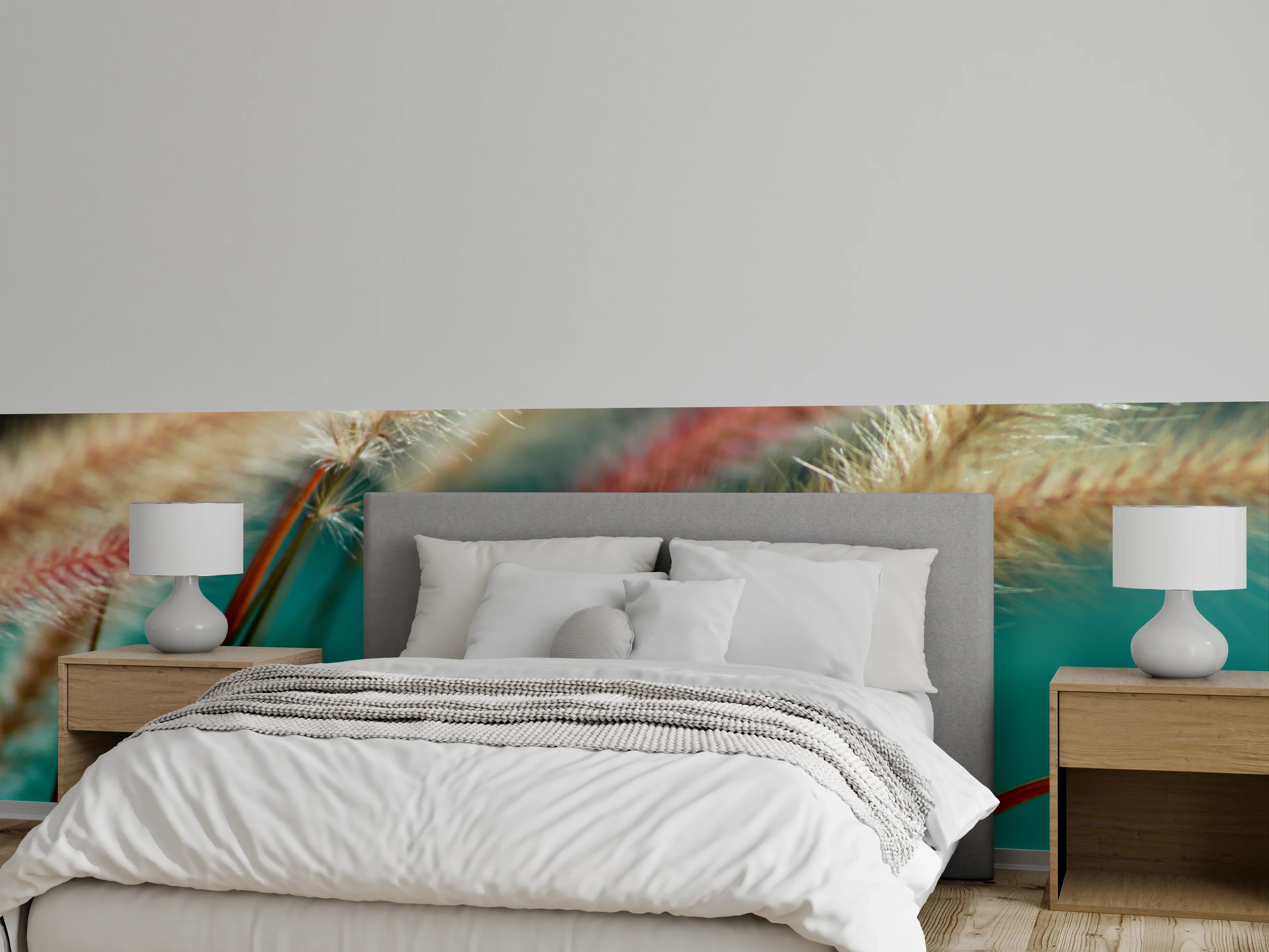 Wandverkleidung Schlafzimmer - Zarte Gräser vor türkisfarbenem Hintergrund