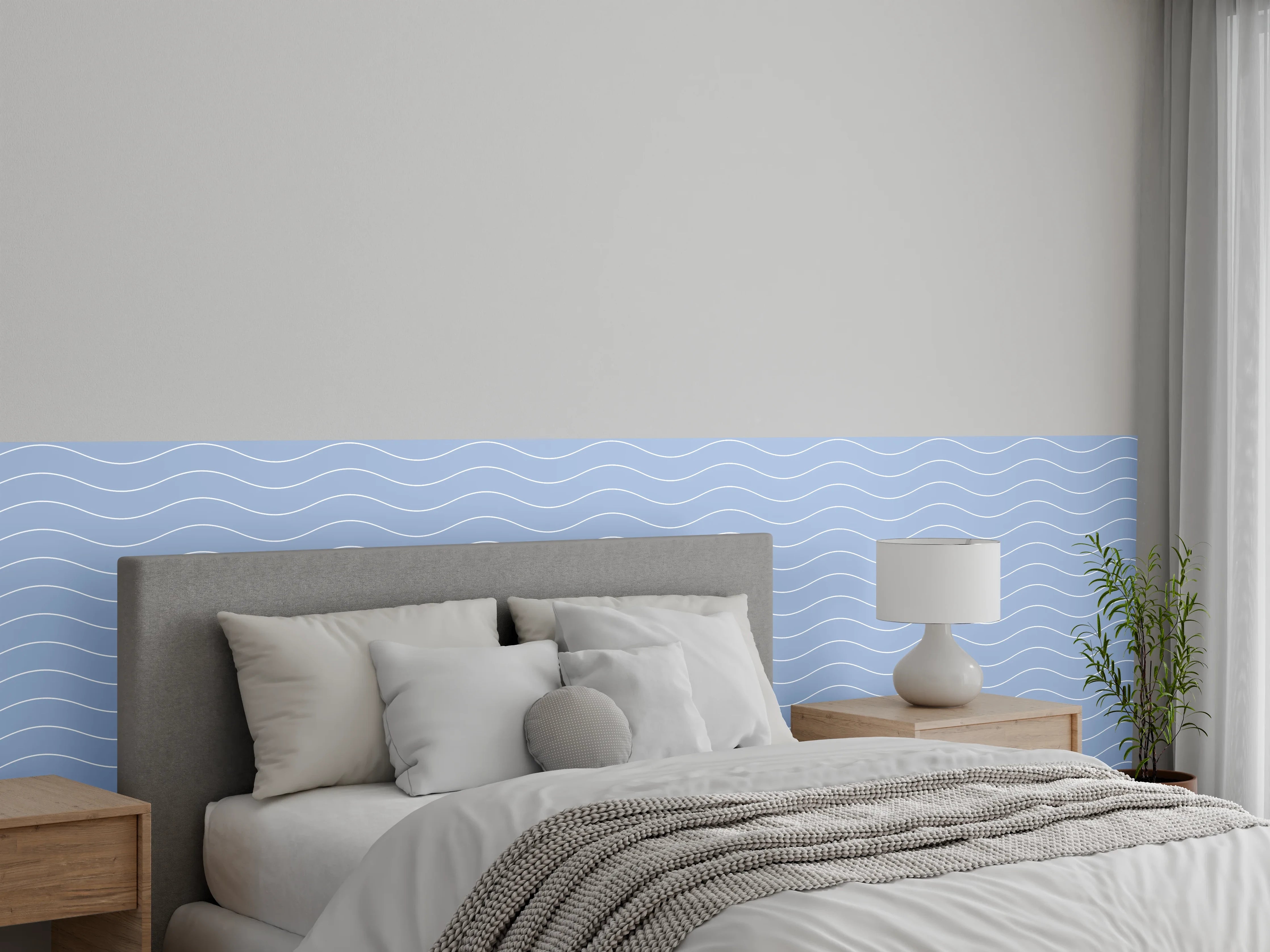 Wandverkleidung Schlafzimmer - Zarte Grauwellen auf Weißblau