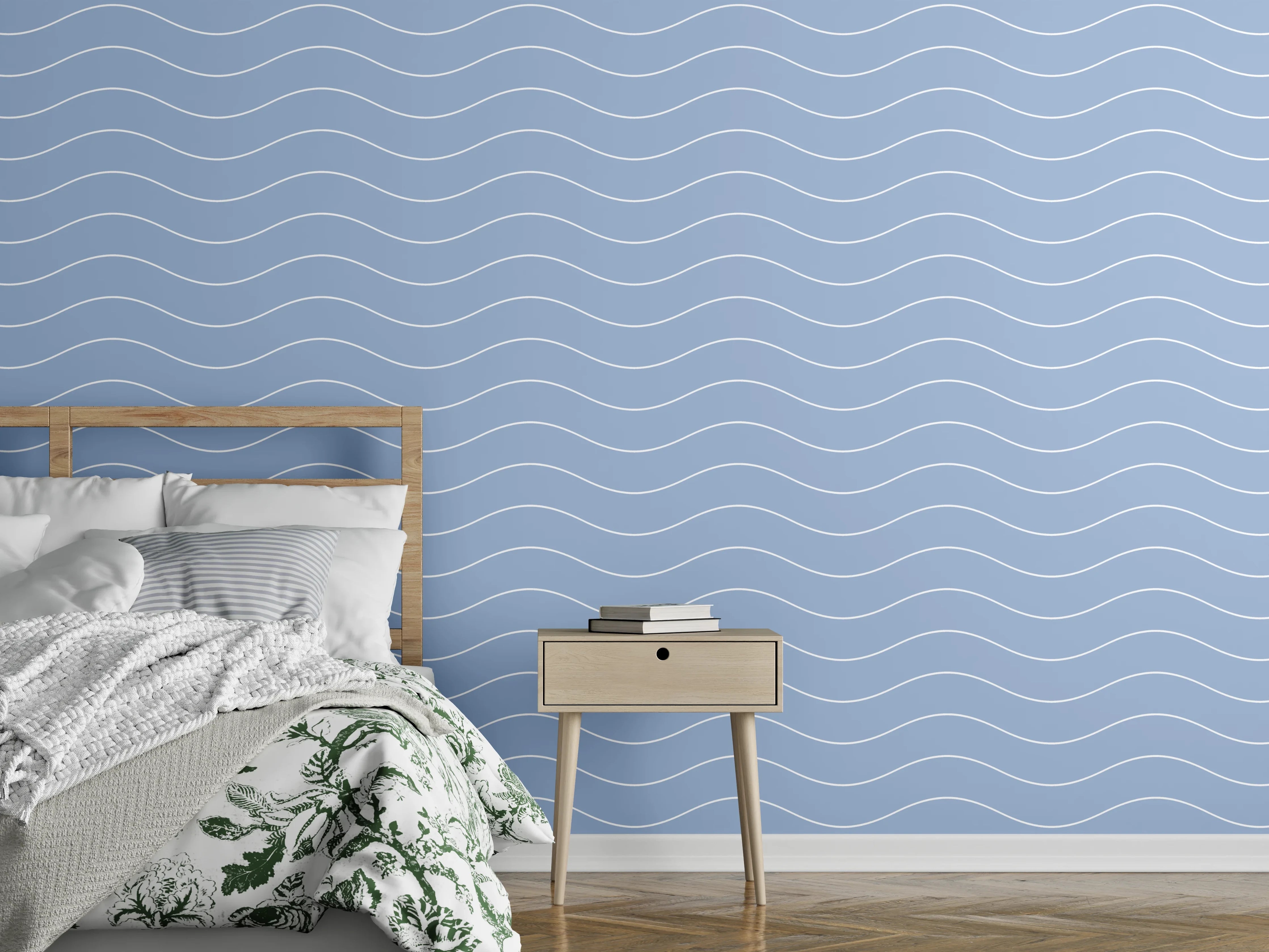 Wandverkleidung Schlafzimmer - Zarte Grauwellen auf Weißblau