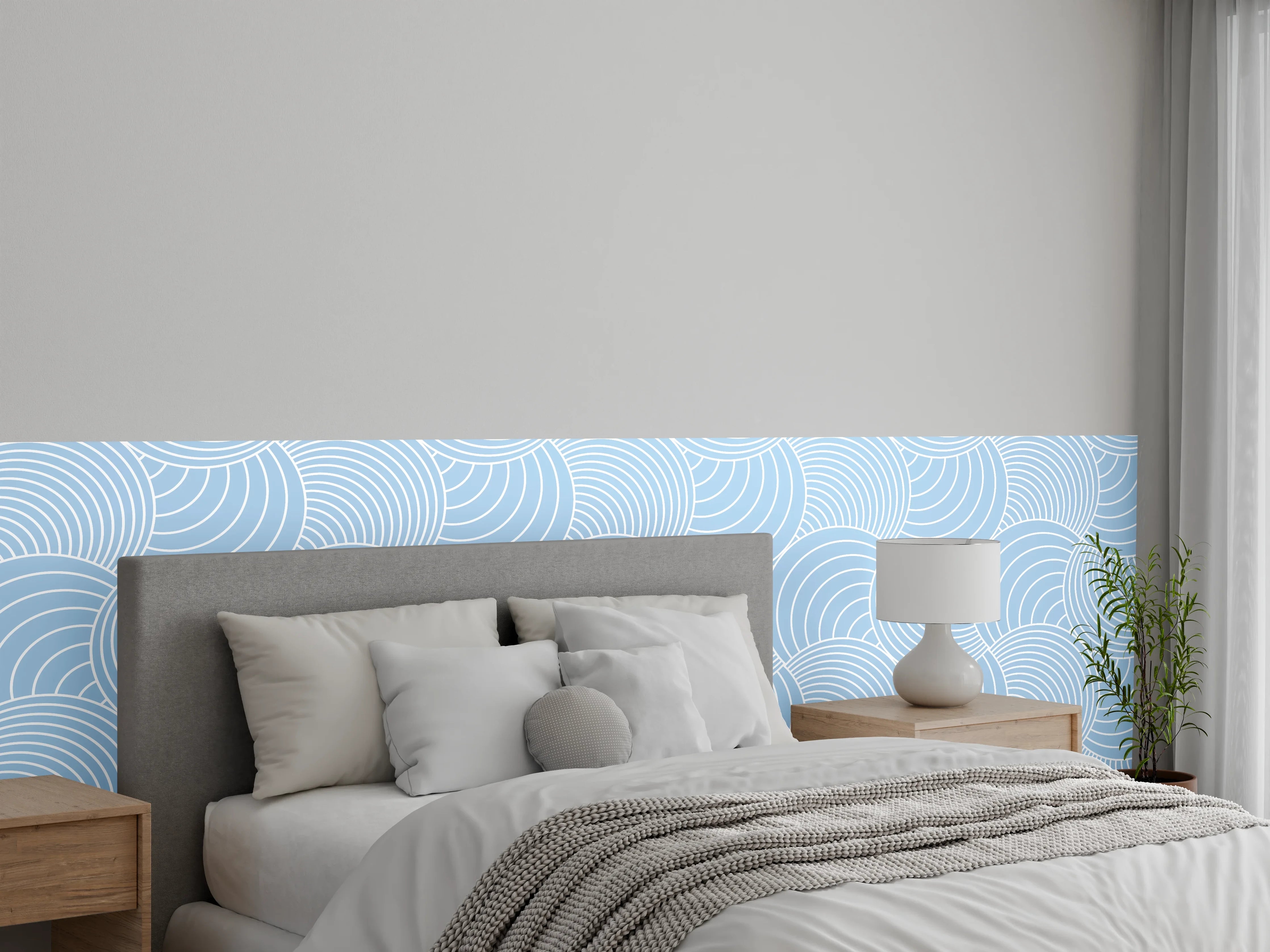 Wandverkleidung Schlafzimmer - Zarte Grauwellen auf hellem Blau