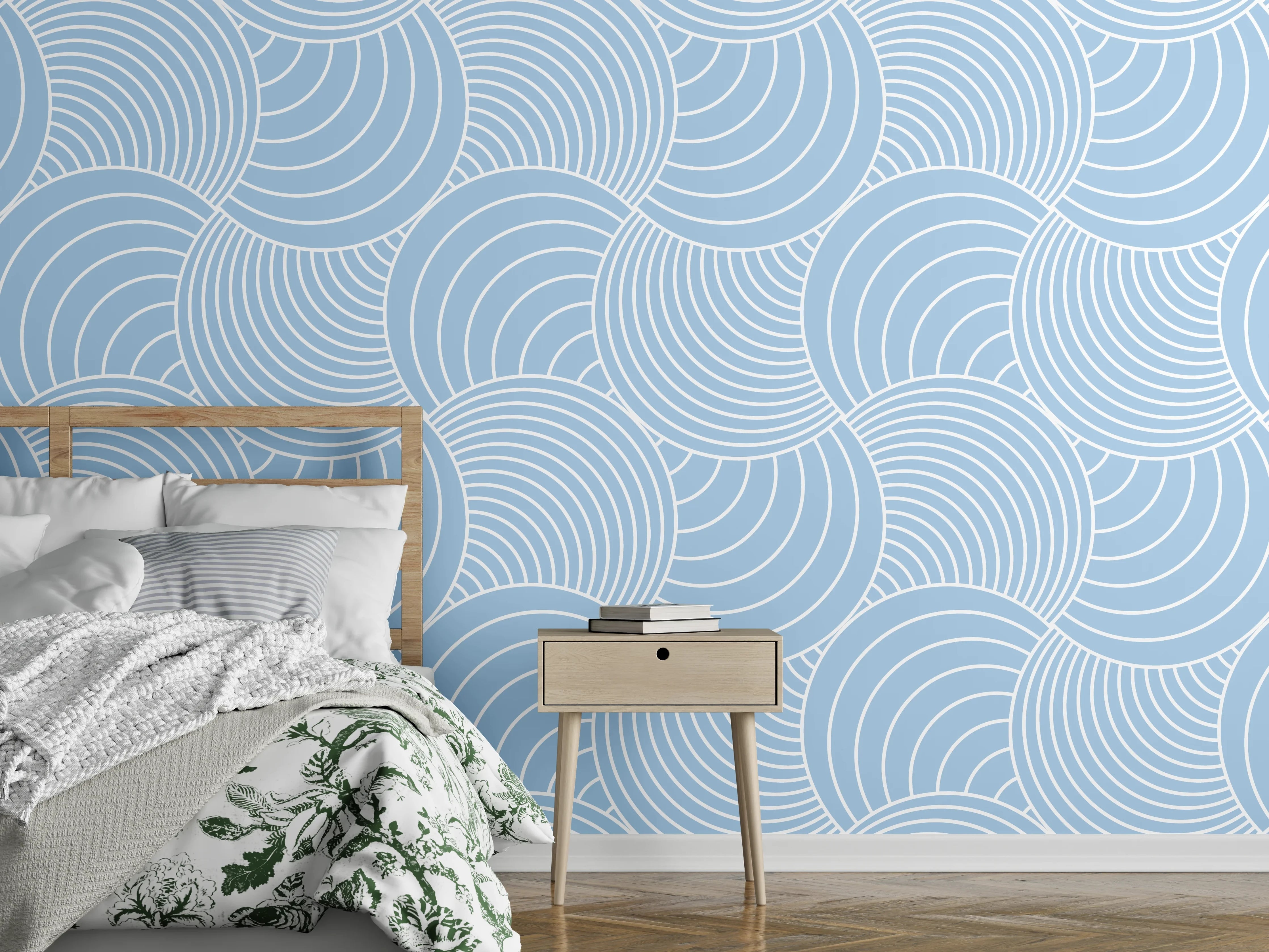 Wandverkleidung Schlafzimmer - Zarte Grauwellen auf hellem Blau