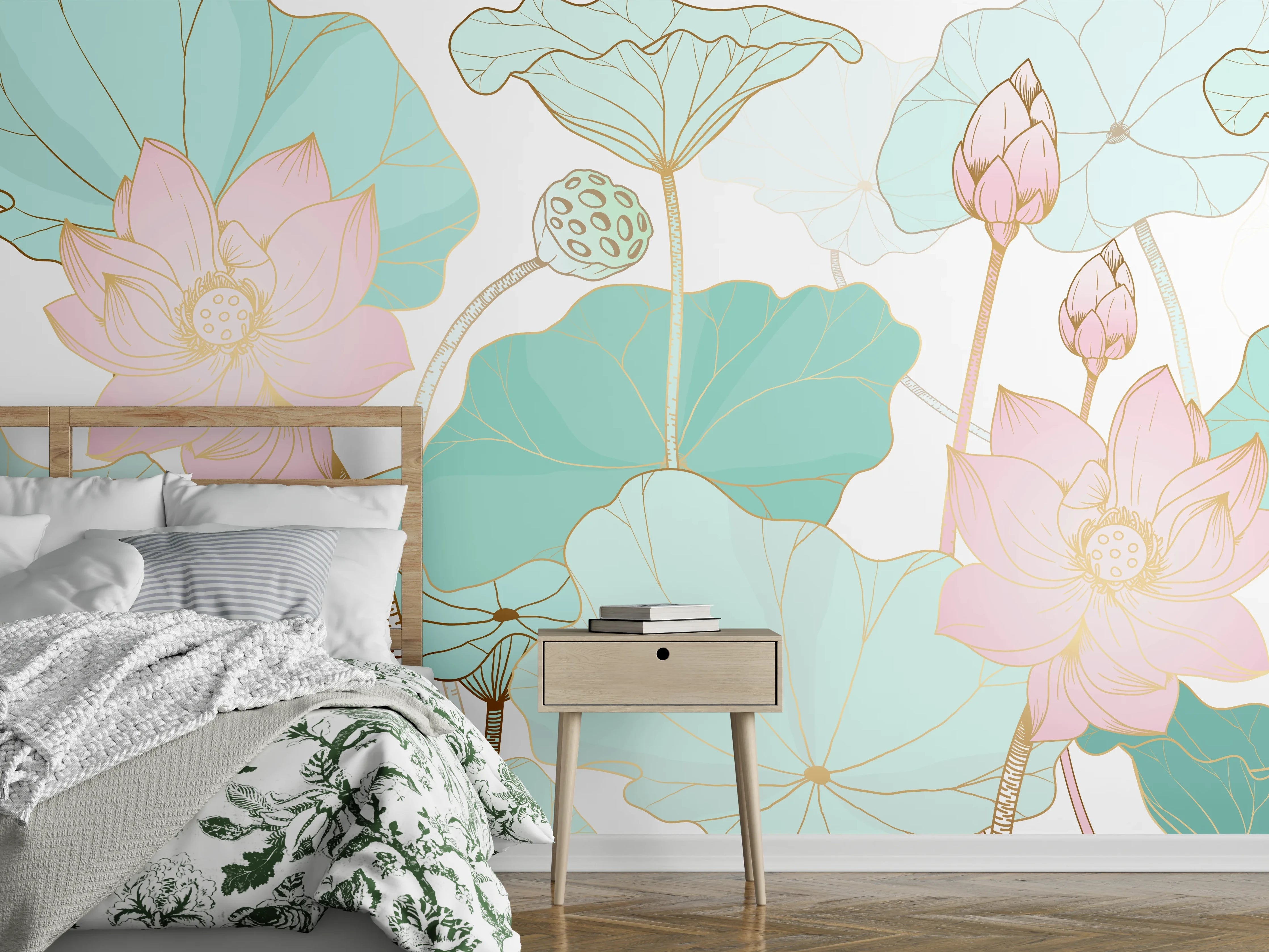 Wandverkleidung Schlafzimmer - Zarte Lotusblüten Pastellfarben