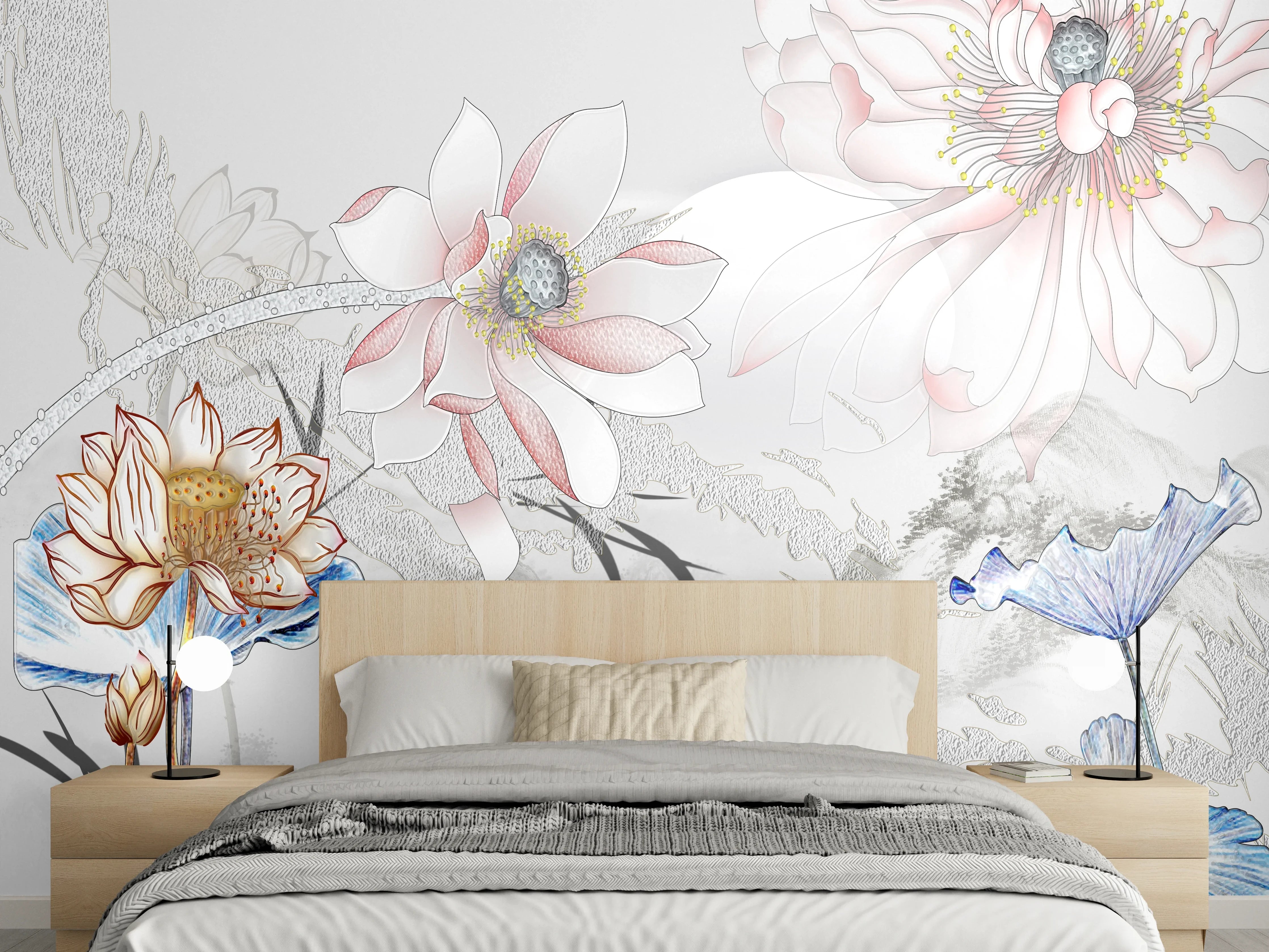 Wandverkleidung Schlafzimmer - Zarte Lotusblüten und Koi Fische Kunst