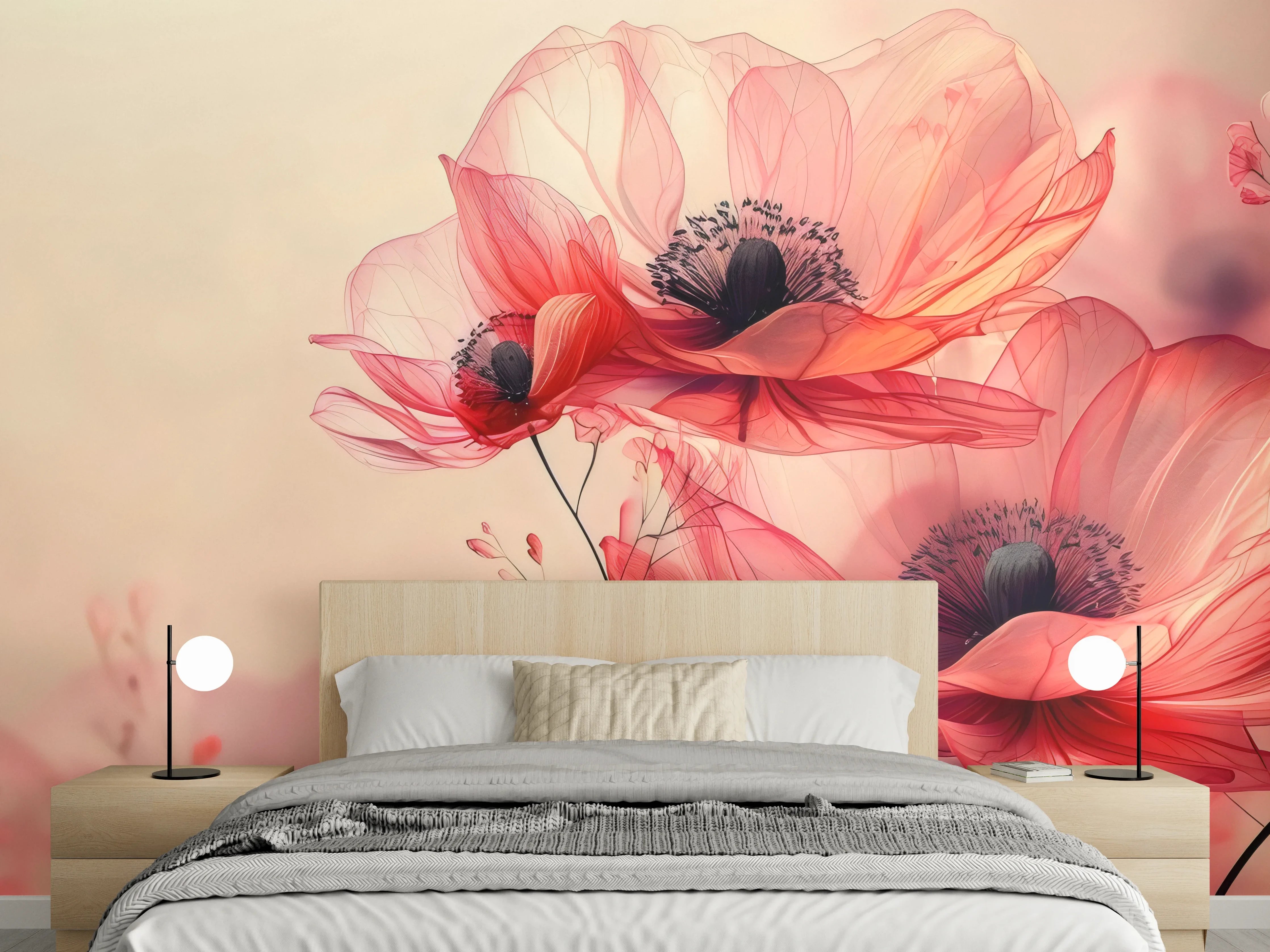Wandverkleidung Schlafzimmer - Zarte Mohnblüten in Rosa
