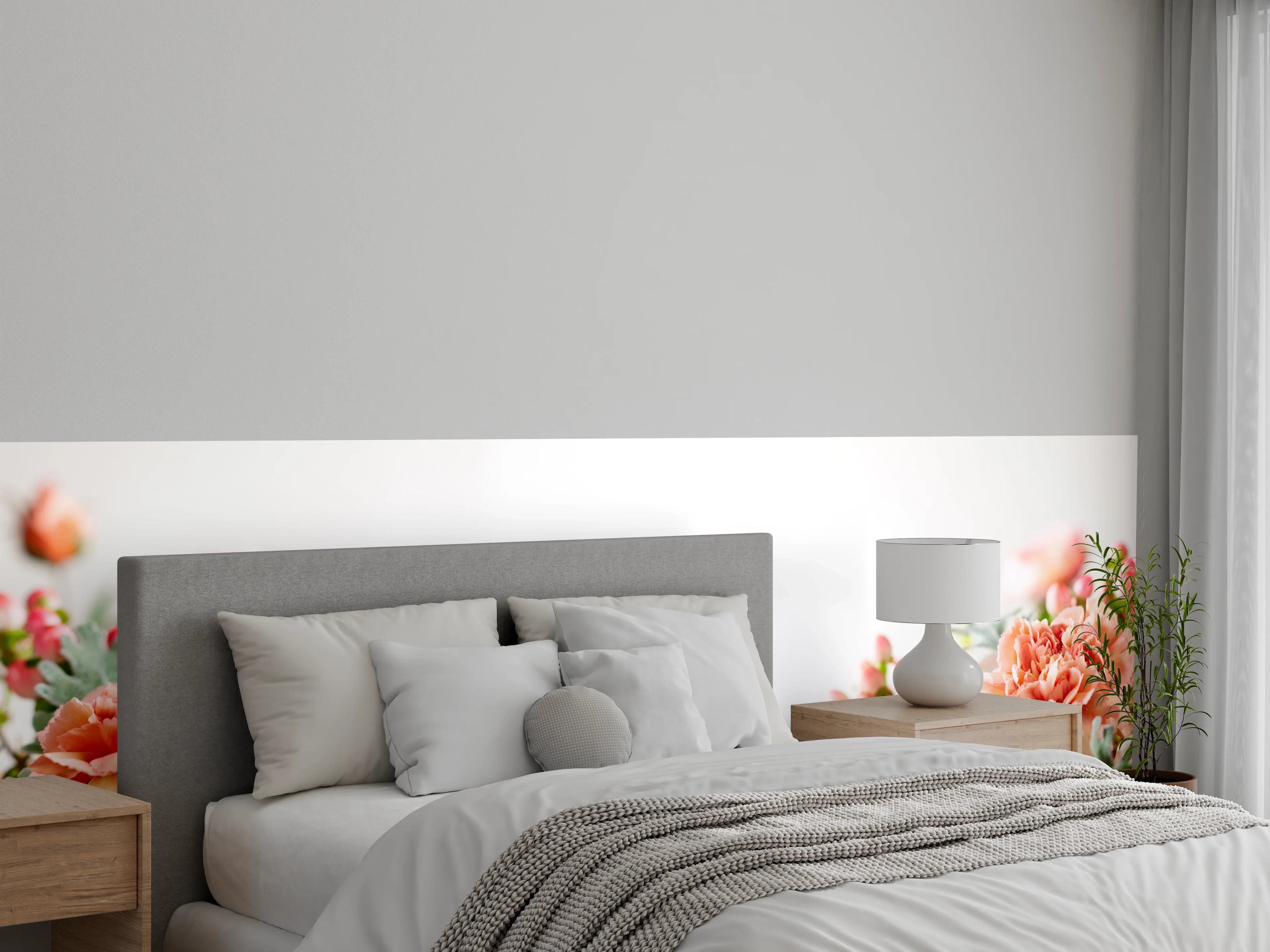 Wandverkleidung Schlafzimmer - Zarte Pfingstrosen und Gräser in Rosé