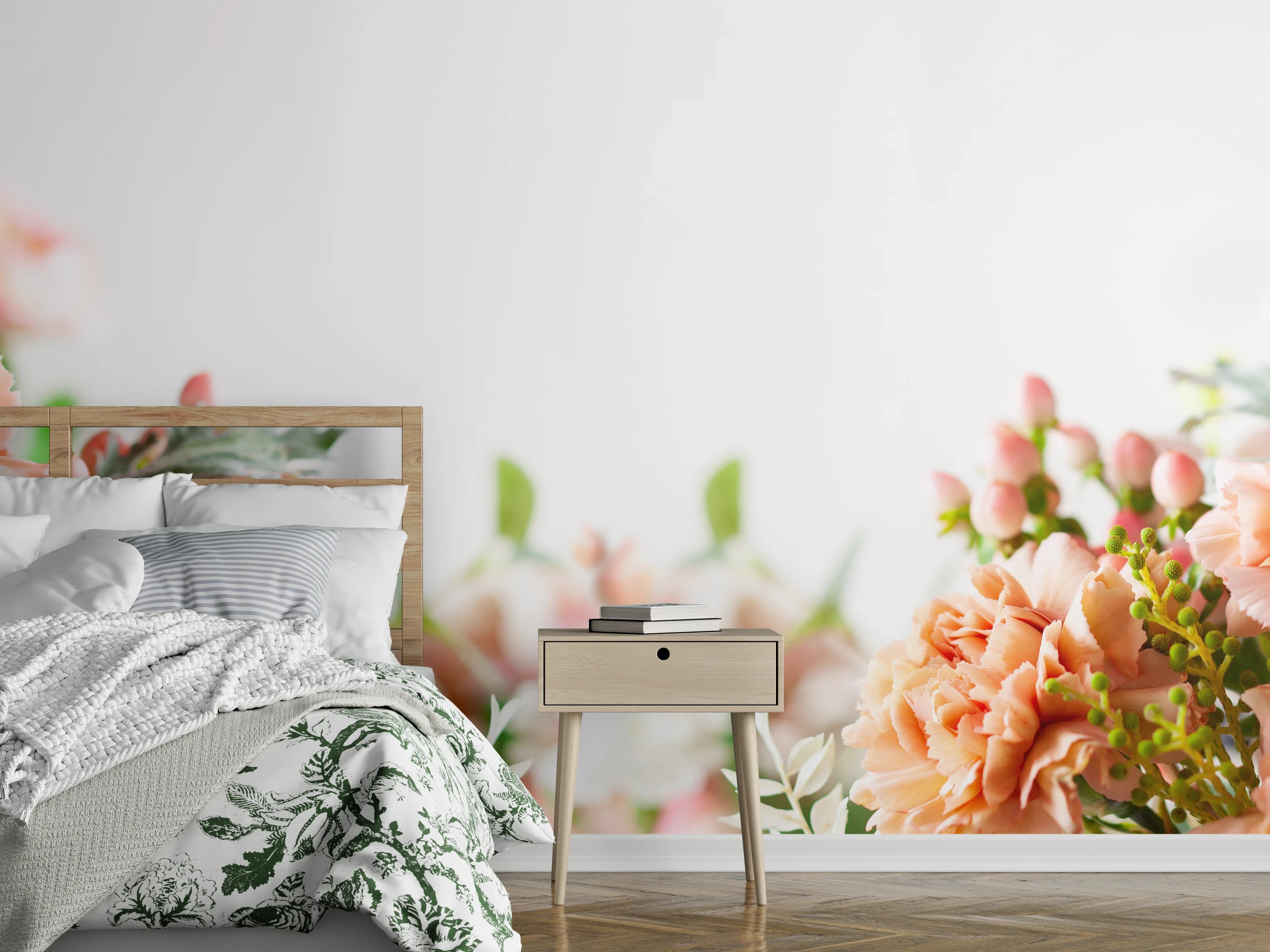 Wandverkleidung Schlafzimmer - Zarte Pfingstrosen und Gräser in Rosé