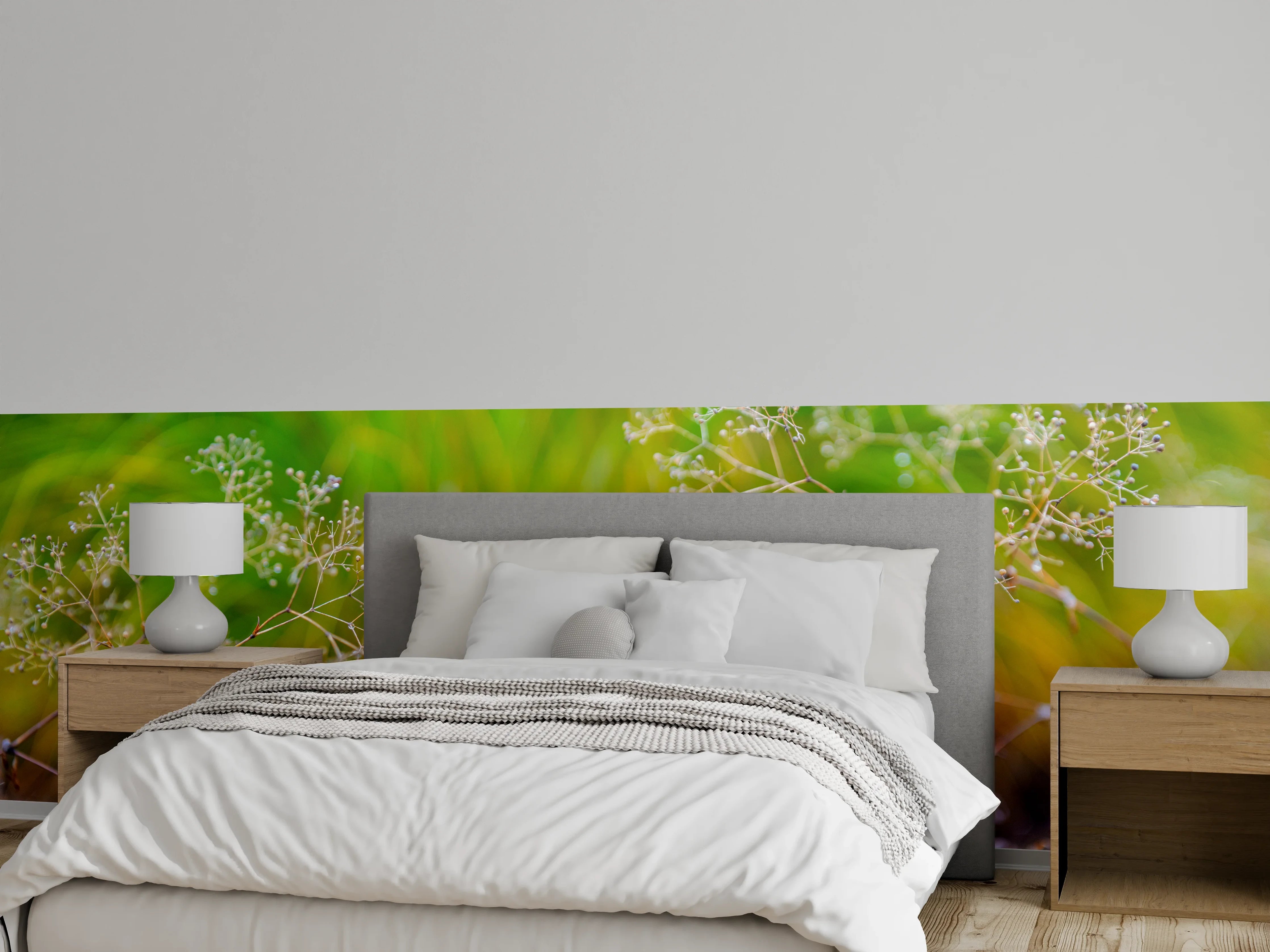 Wandverkleidung Schlafzimmer - Zarte Pflanzen im bunten Bokeh