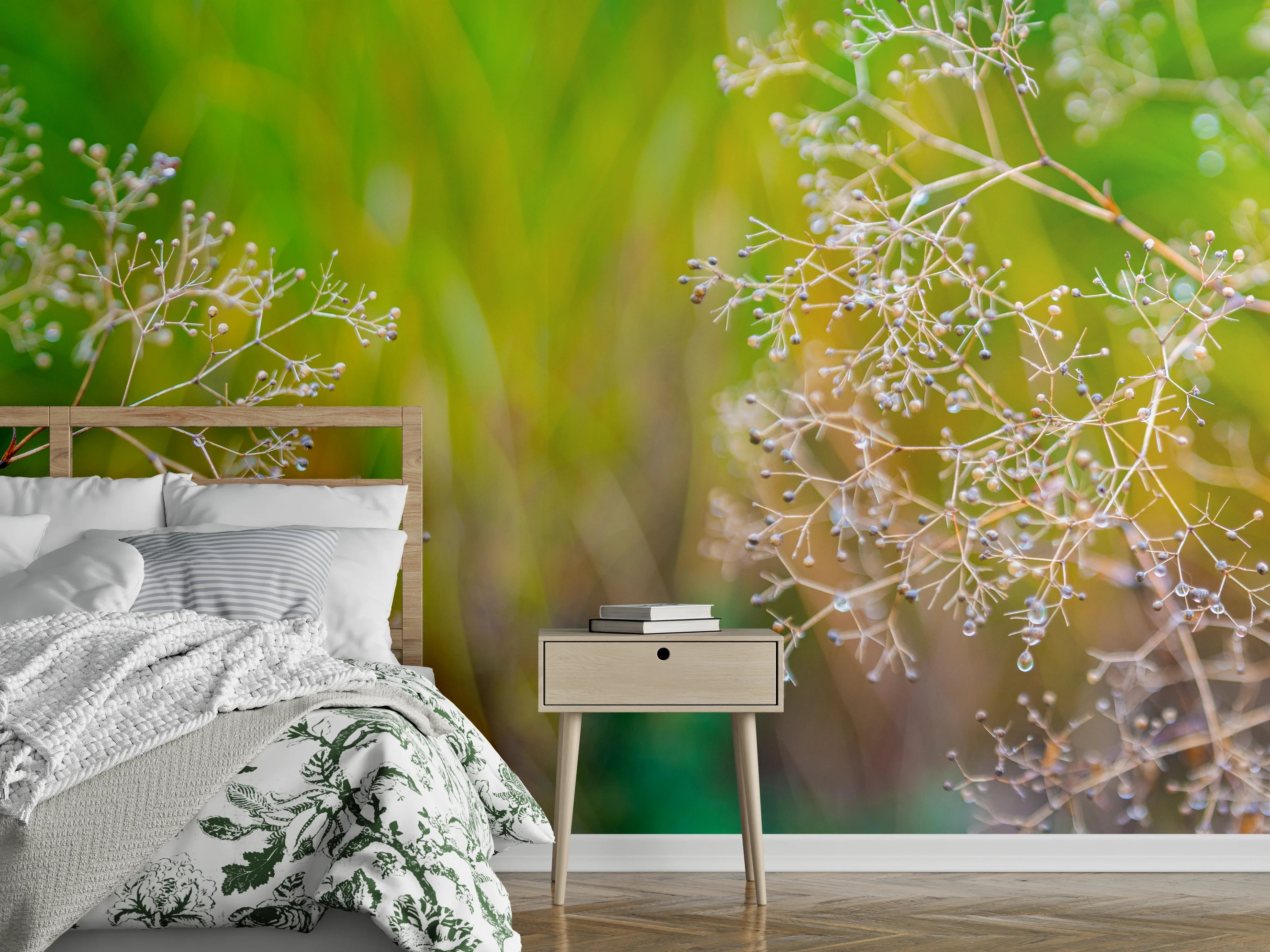Wandverkleidung Schlafzimmer - Zarte Pflanzen im bunten Bokeh