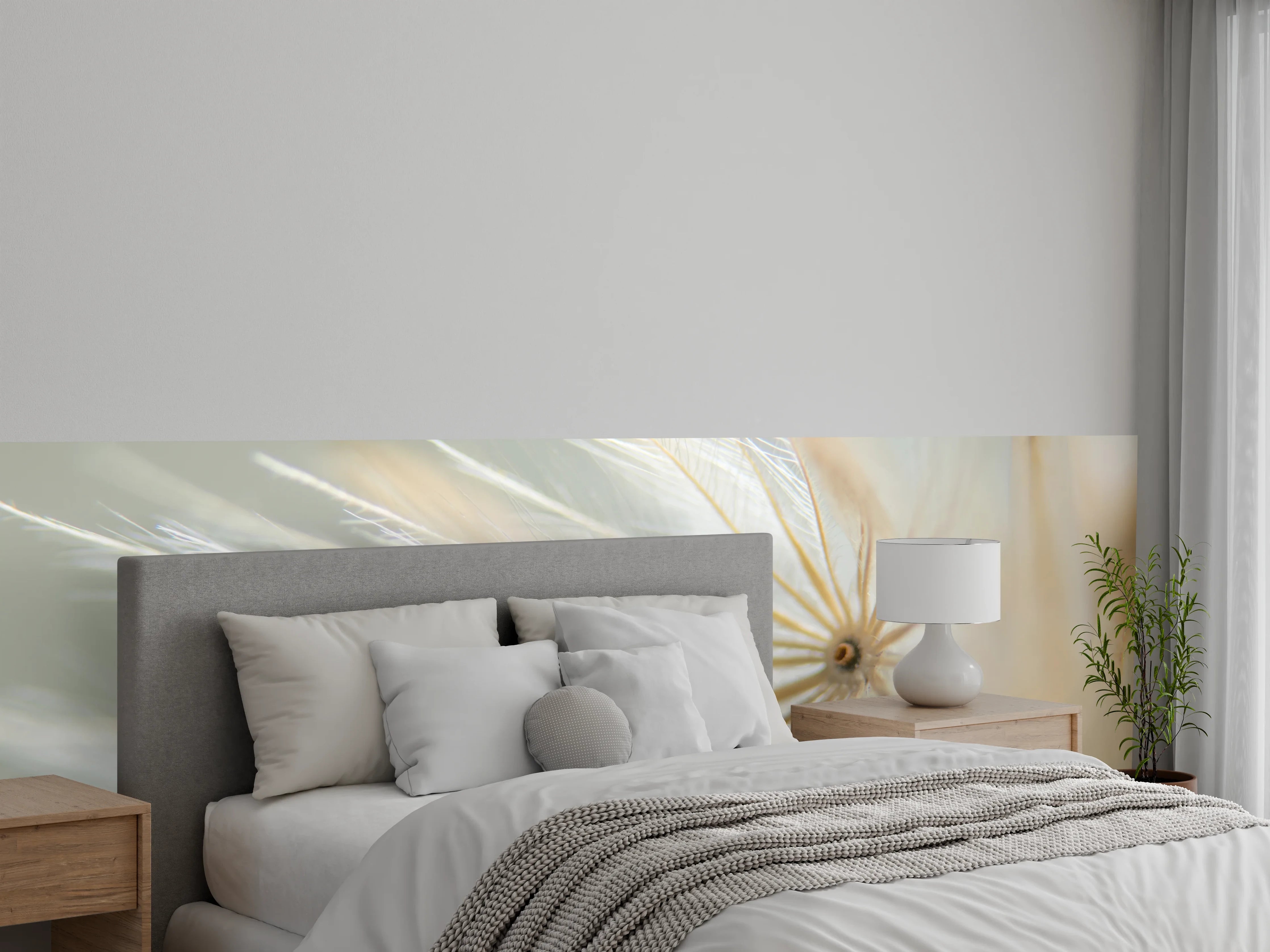 Wandverkleidung Schlafzimmer - Zarte Pflanzenstruktur in Weiß und Beige