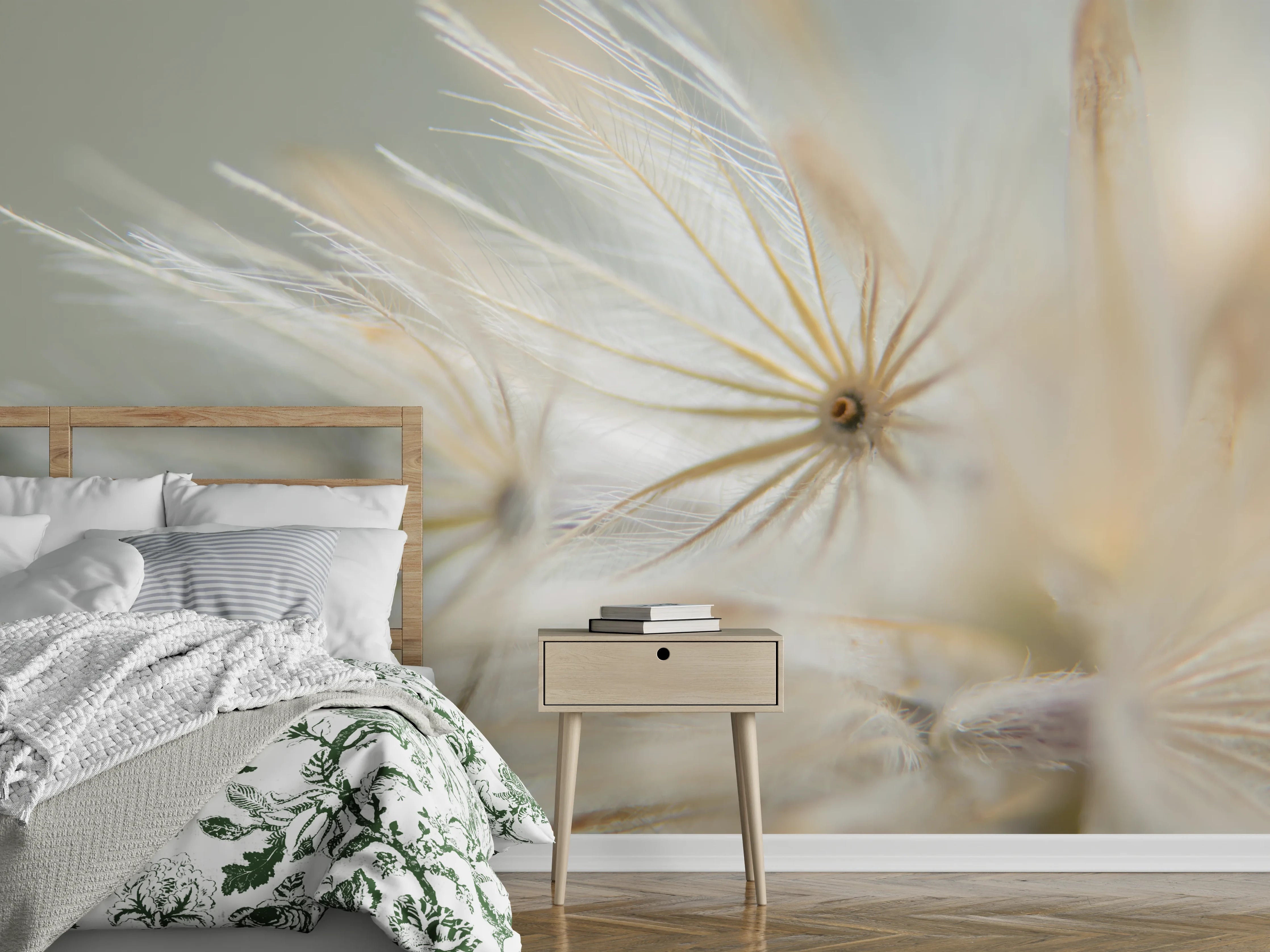 Wandverkleidung Schlafzimmer - Zarte Pflanzenstruktur in Weiß und Beige