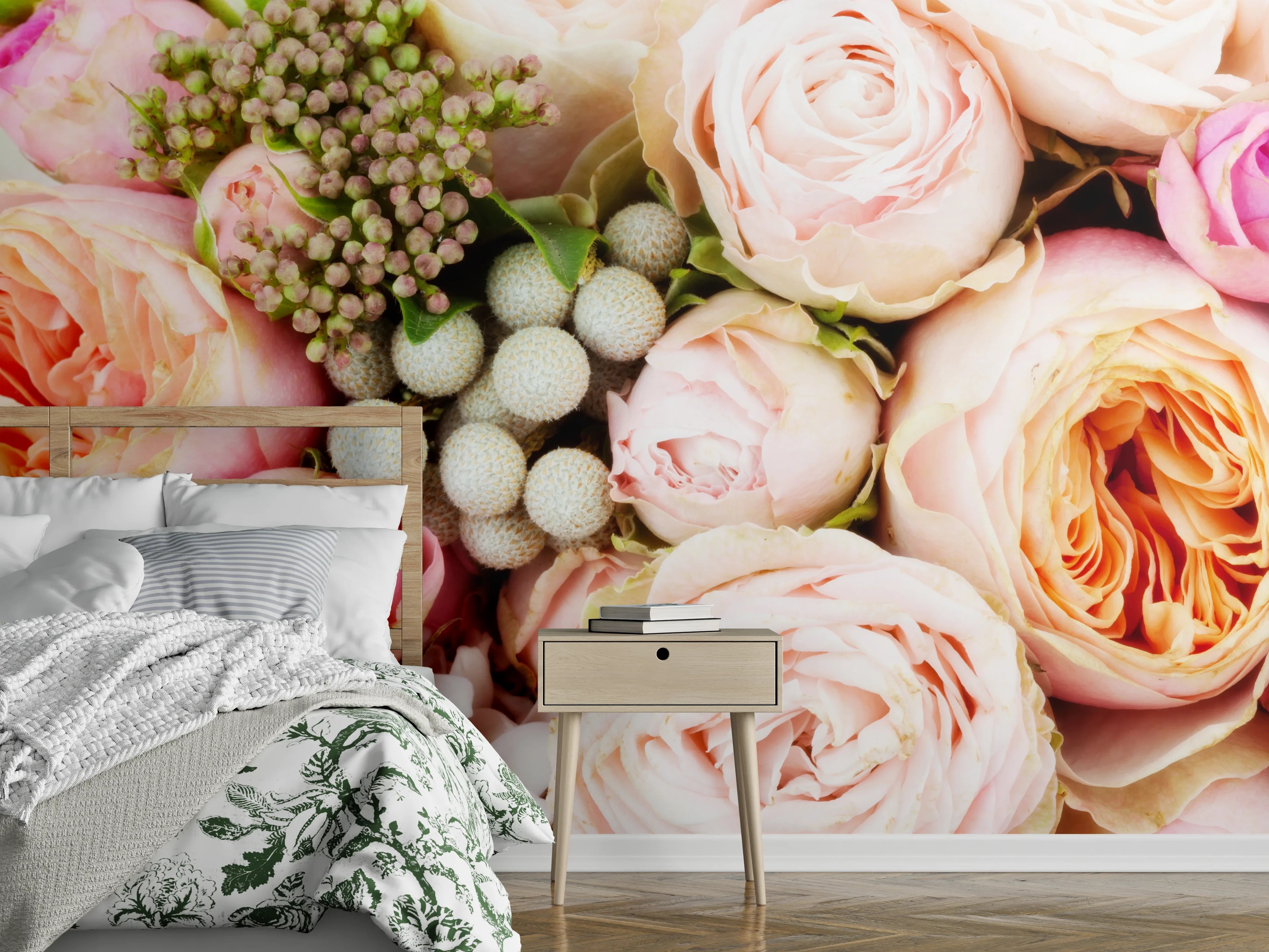 Wandverkleidung Schlafzimmer - Zarte Rosen in Pastell – Blumenmix