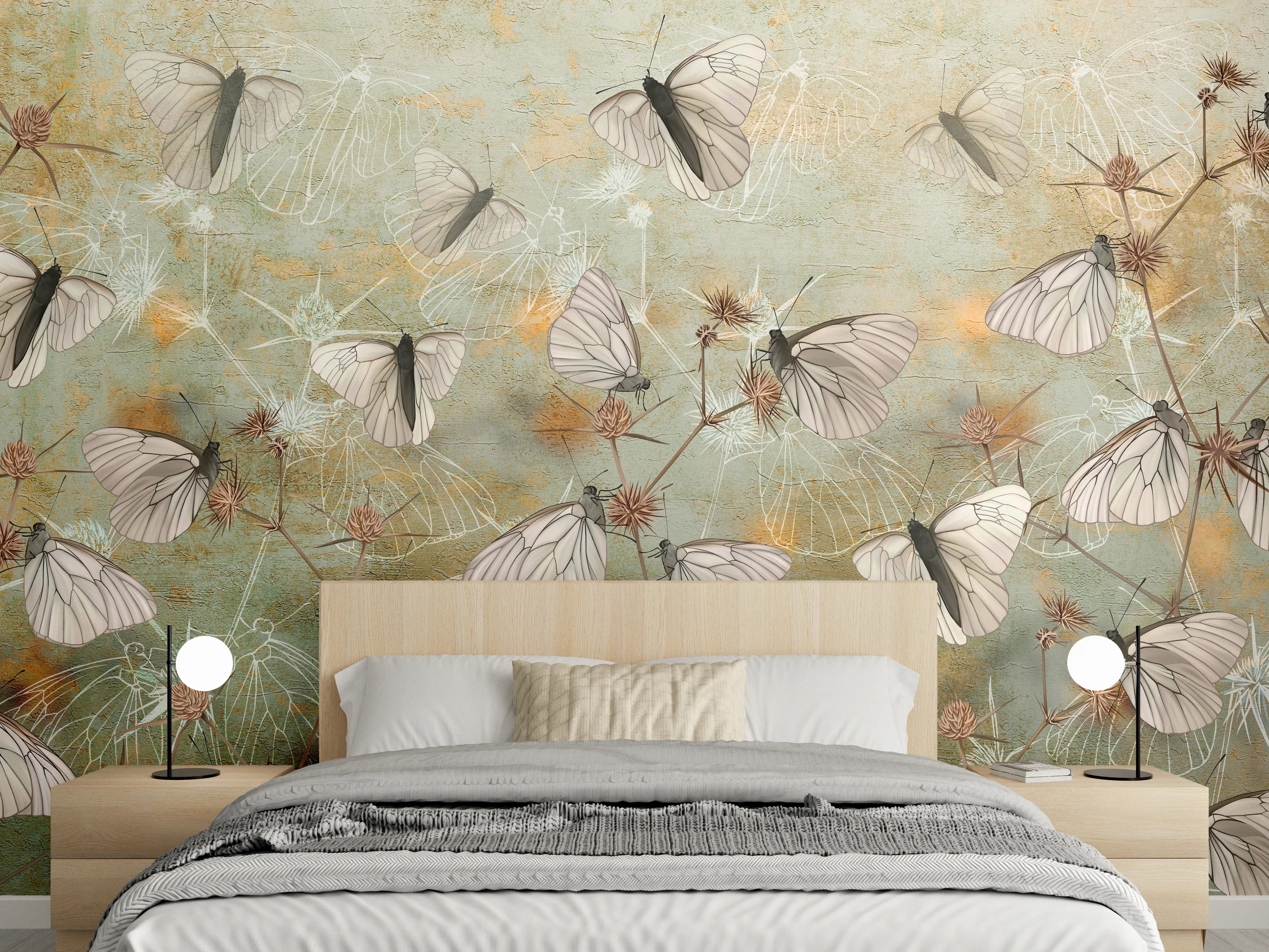 Wandverkleidung Schlafzimmer - Zarte Schmetterlinge auf Pastell-Grün