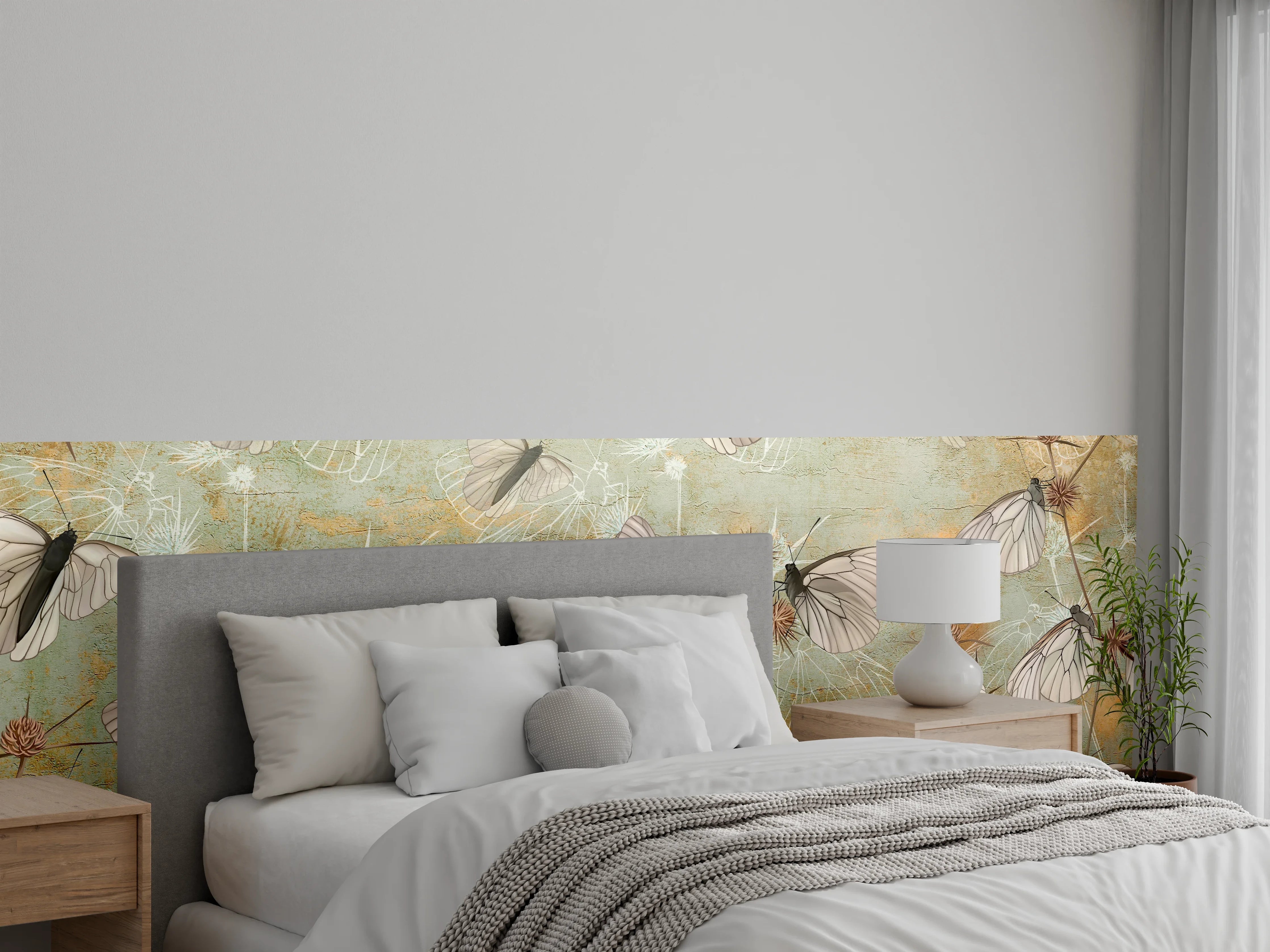 Wandverkleidung Schlafzimmer - Zarte Schmetterlinge auf Pastell-Grün