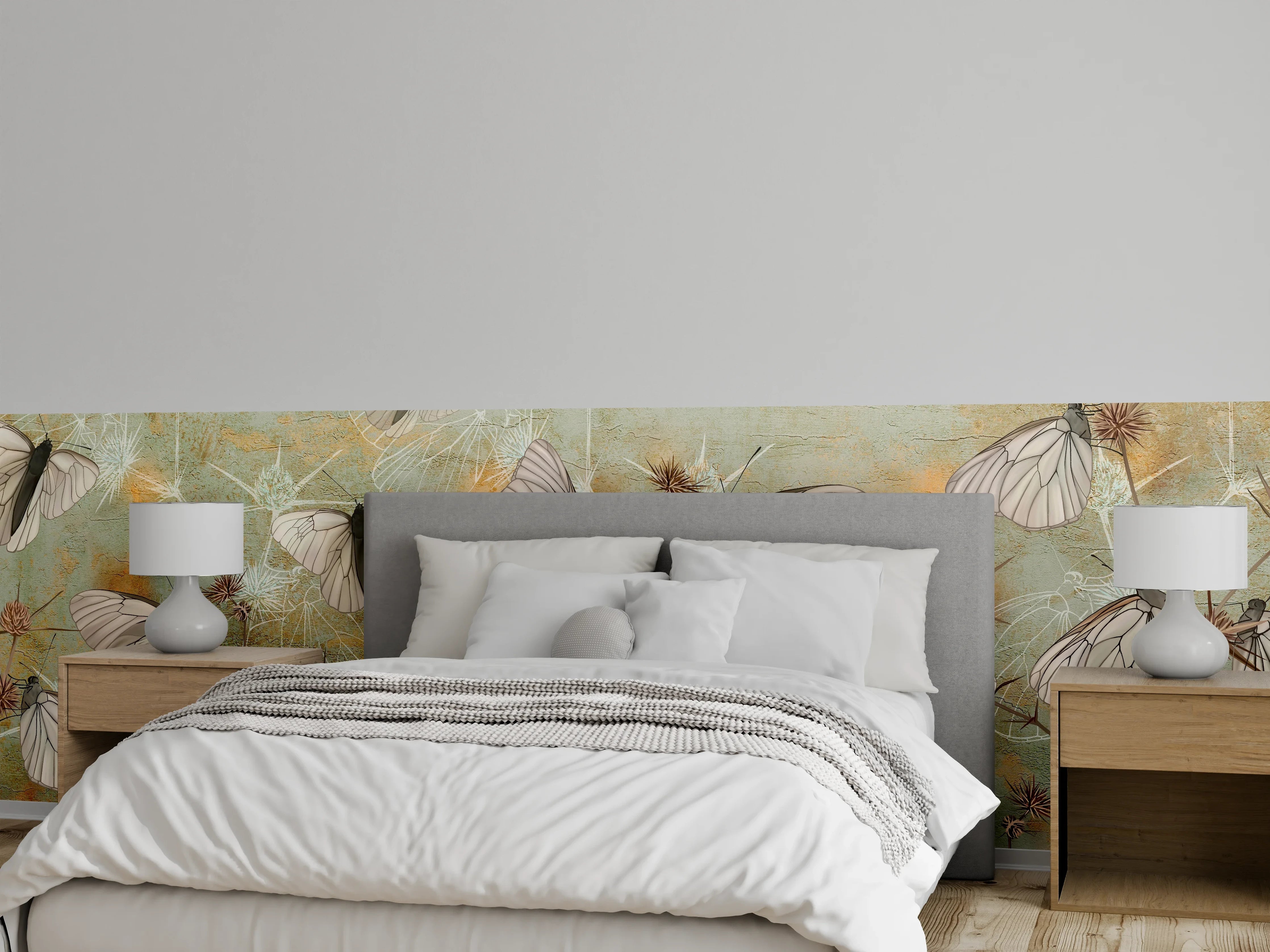 Wandverkleidung Schlafzimmer - Zarte Schmetterlinge auf Pastell-Grün